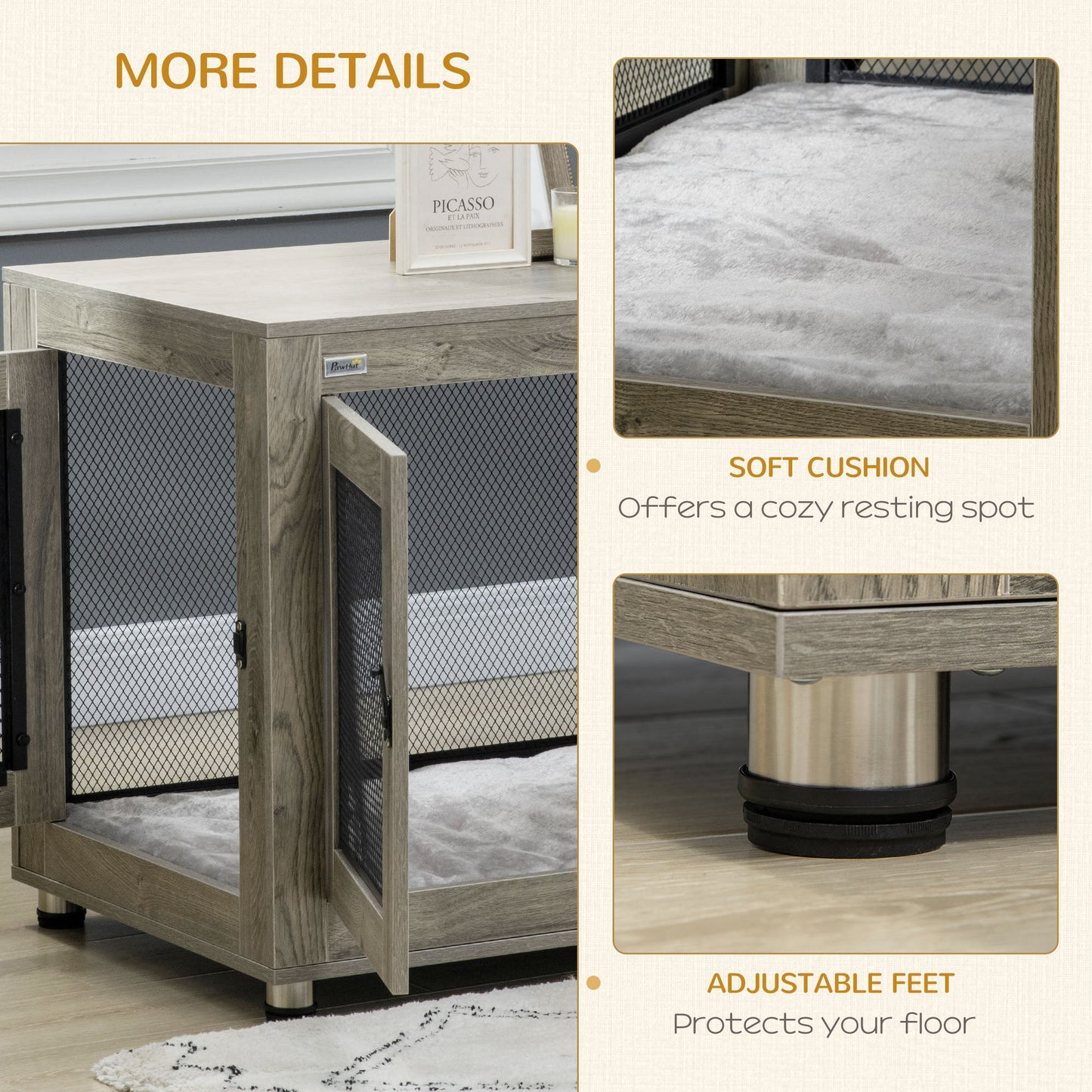 Dog Crate Furniture End Table w/ Soft Washable Cushion, Two Doors, Indoor Pet Kennel for Small Medium Large Dogs w/ Wire Mesh, Grey