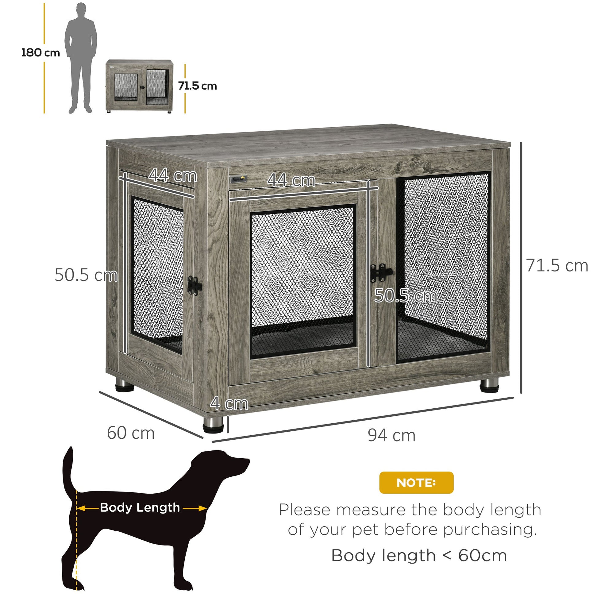 Dog Crate Furniture End Table w/ Soft Washable Cushion, Two Doors, Indoor Pet Kennel for Small Medium Large Dogs w/ Wire Mesh, Grey