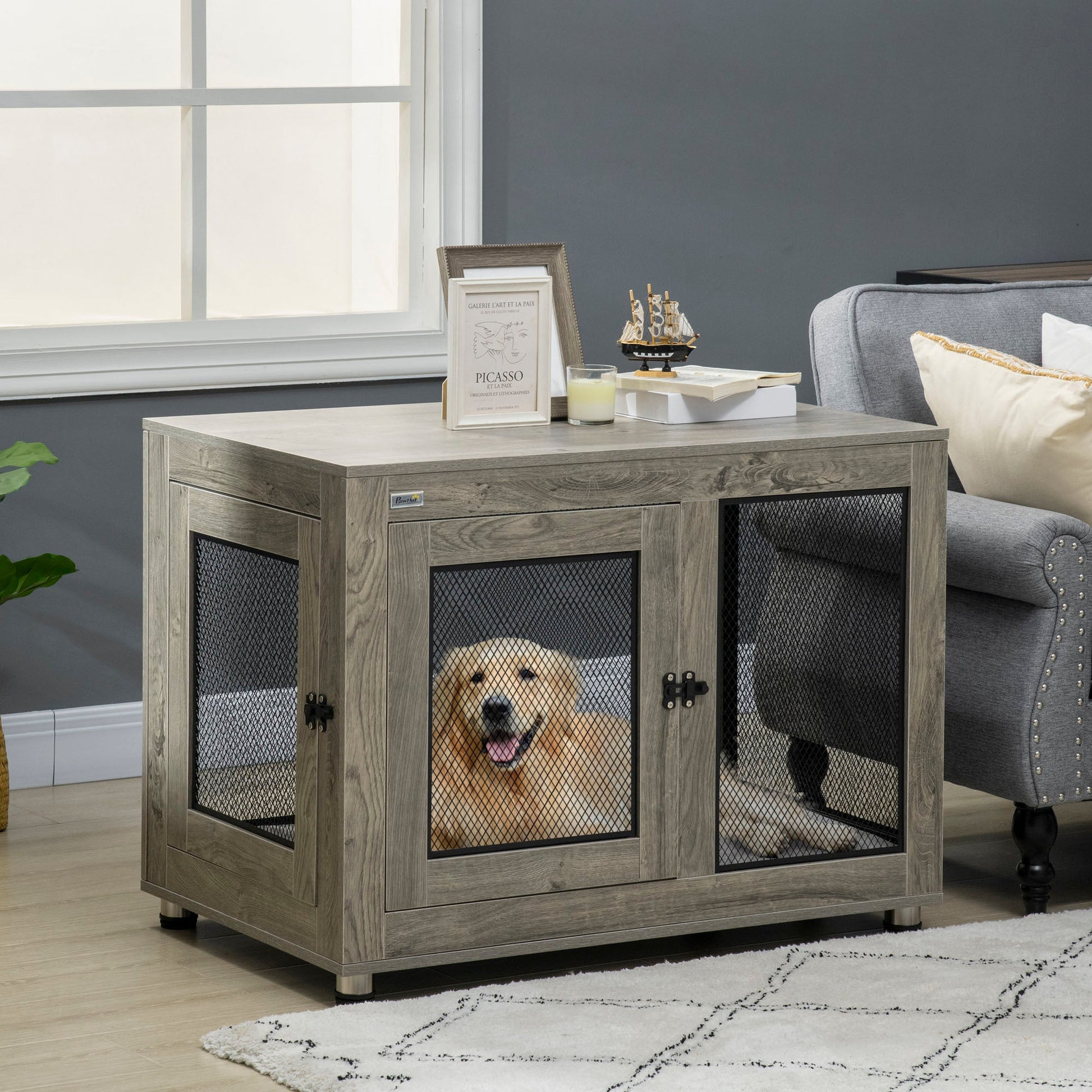 Dog Crate Furniture End Table w/ Soft Washable Cushion, Two Doors, Indoor Pet Kennel for Small Medium Large Dogs w/ Wire Mesh, Grey