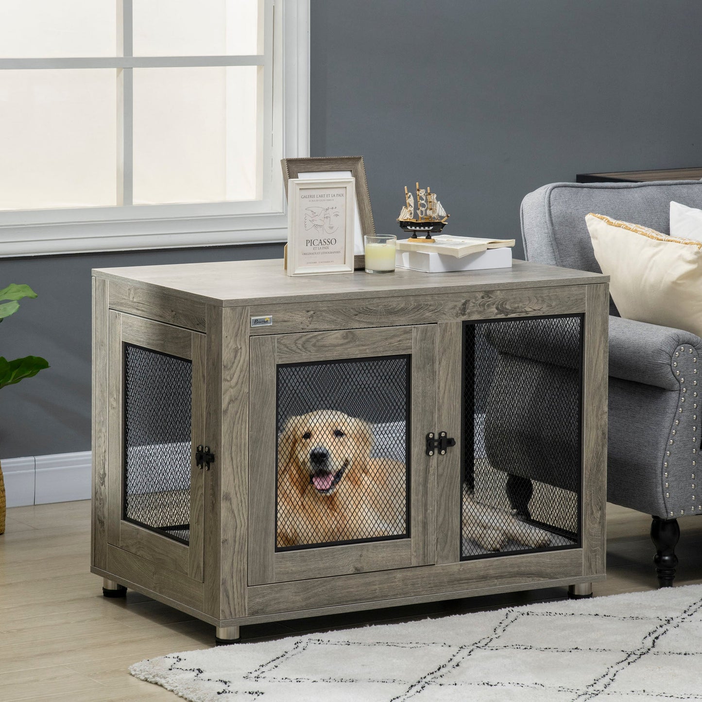 Dog Crate Furniture End Table w/ Soft Washable Cushion, Two Doors, Indoor Pet Kennel for Small Medium Large Dogs w/ Wire Mesh, Grey