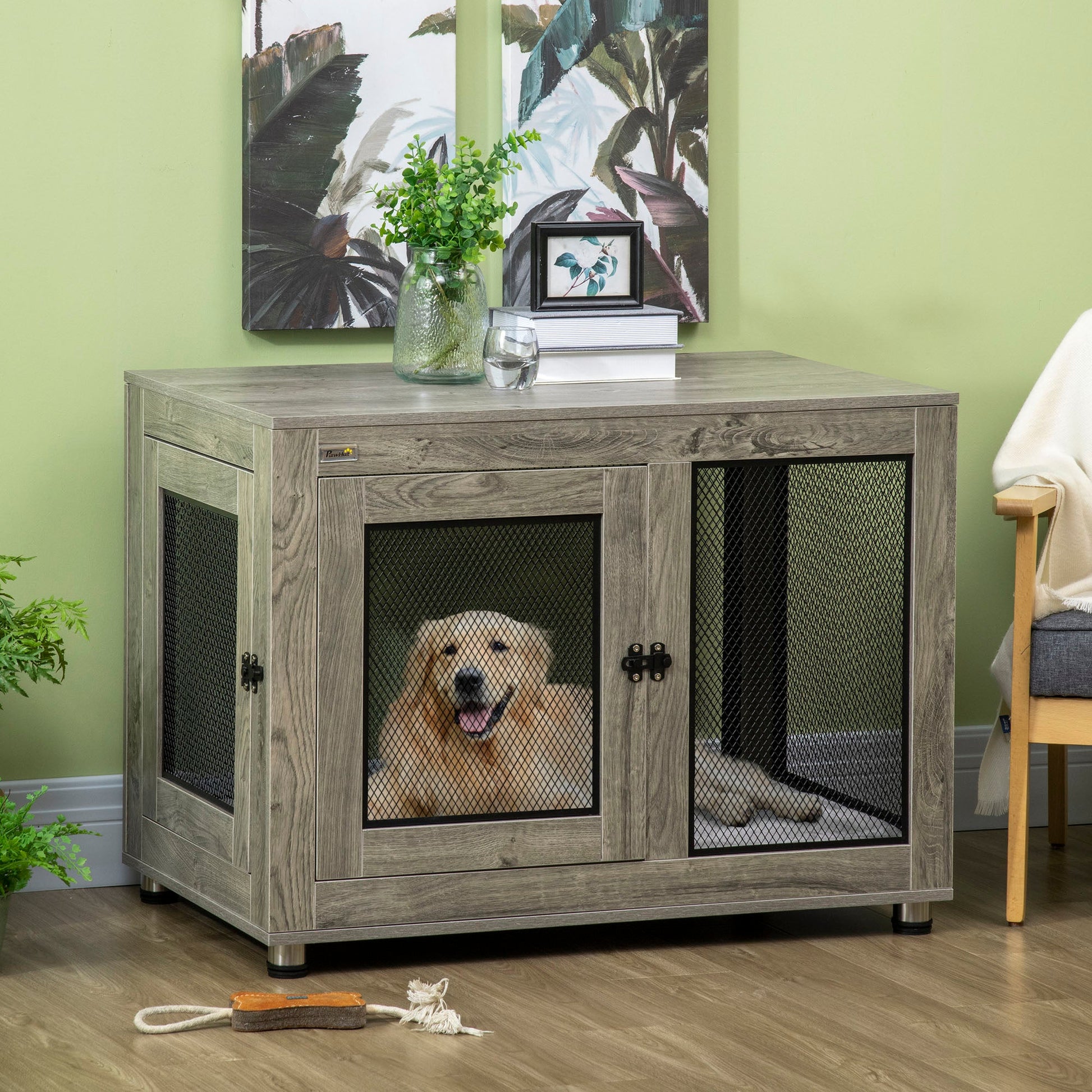 Dog Crate Furniture End Table w/ Soft Washable Cushion, Two Doors, Indoor Pet Kennel for Small Medium Large Dogs w/ Wire Mesh, Grey