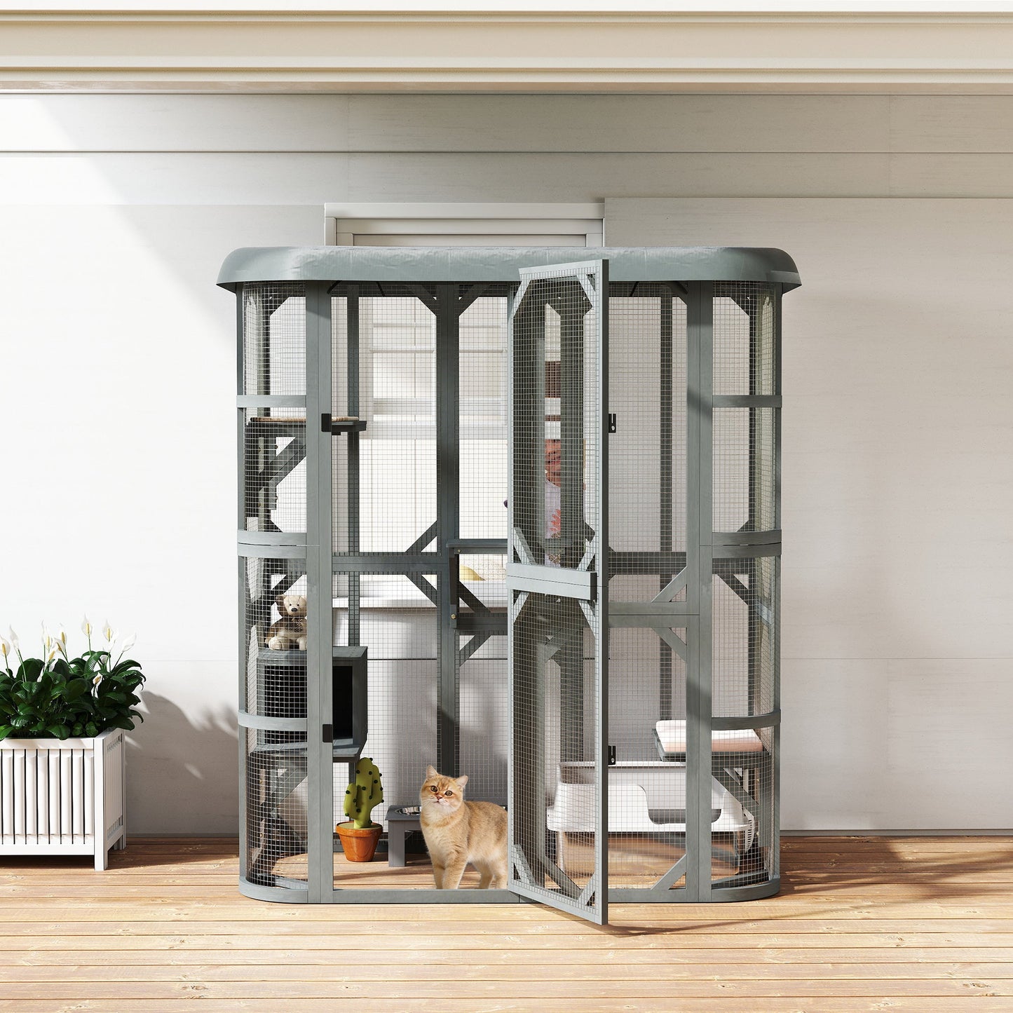 Walk-in Catio, Outdoor Cat Enclosure with 4 Jumping Platforms, Condo and Waterproof Cover, Outdoor Indoor Large Cat House for 2–3 Kittens, 156 x 80x 180 cm, Grey