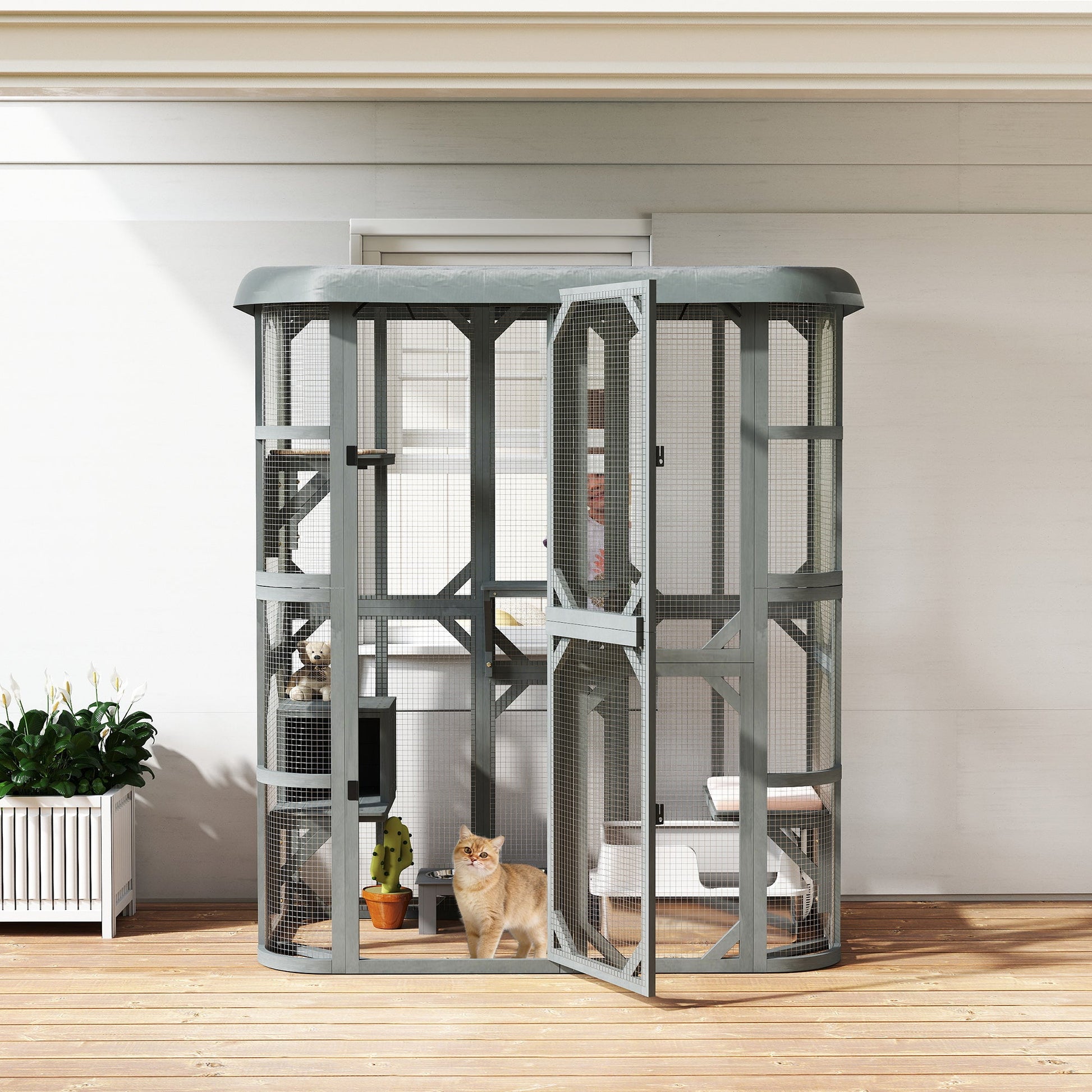 Walk-in Catio, Outdoor Cat Enclosure with 4 Jumping Platforms, Condo and Waterproof Cover, Outdoor Indoor Large Cat House for 2–3 Kittens, 156 x 80x 180 cm, Grey