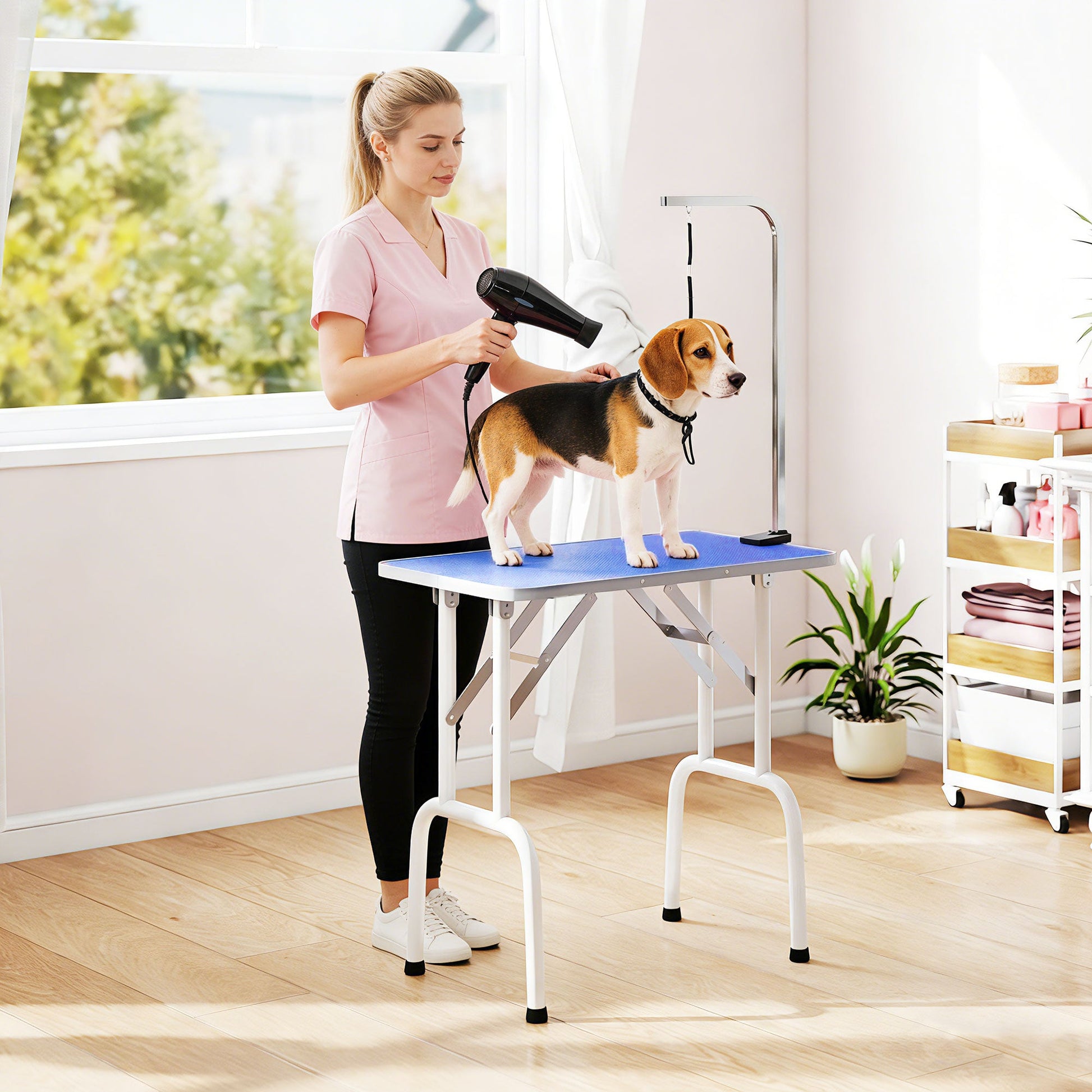 Foldable Dog Grooming Table, 32" Portable Pet Grooming Table with Height Adjustable Arm and Anti-Slip Rubber Top for Small Medium Dogs and Cats, Blue