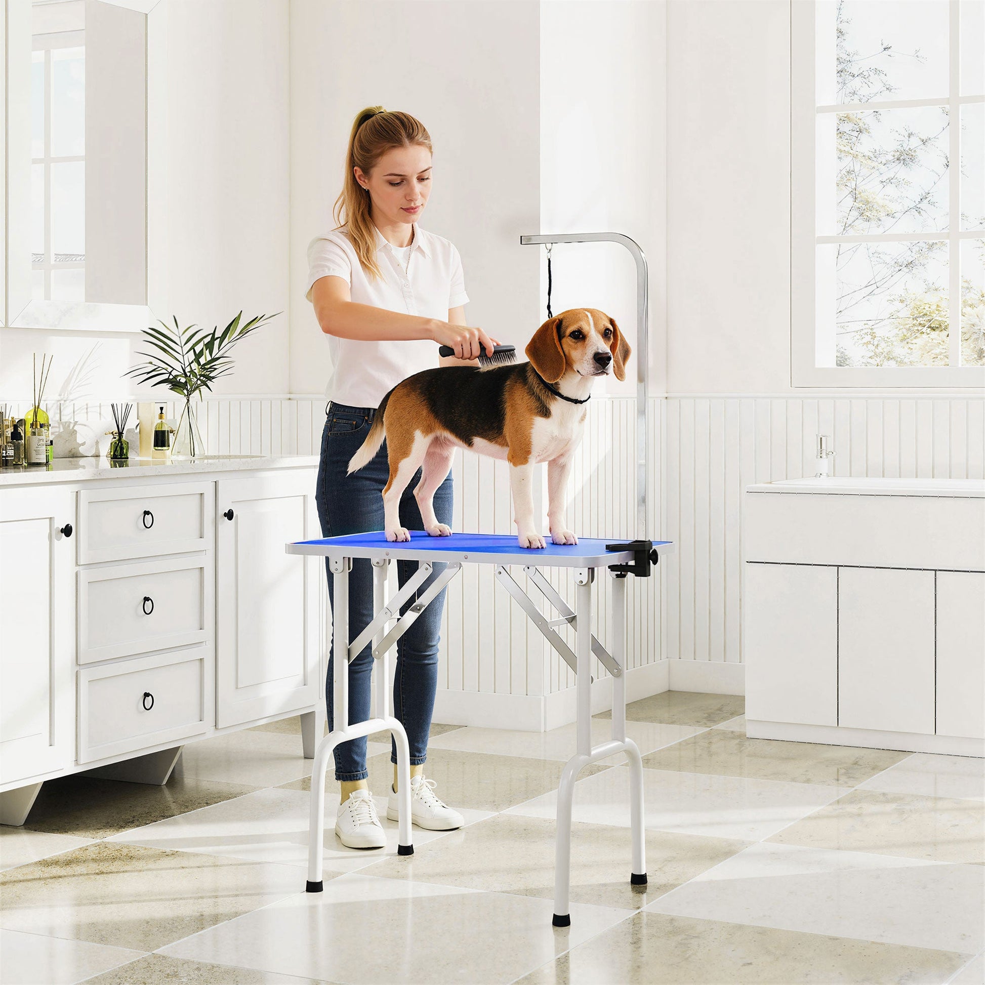 Foldable Dog Grooming Table, 32" Portable Pet Grooming Table with Height Adjustable Arm and Anti-Slip Rubber Top for Small Medium Dogs and Cats, Blue