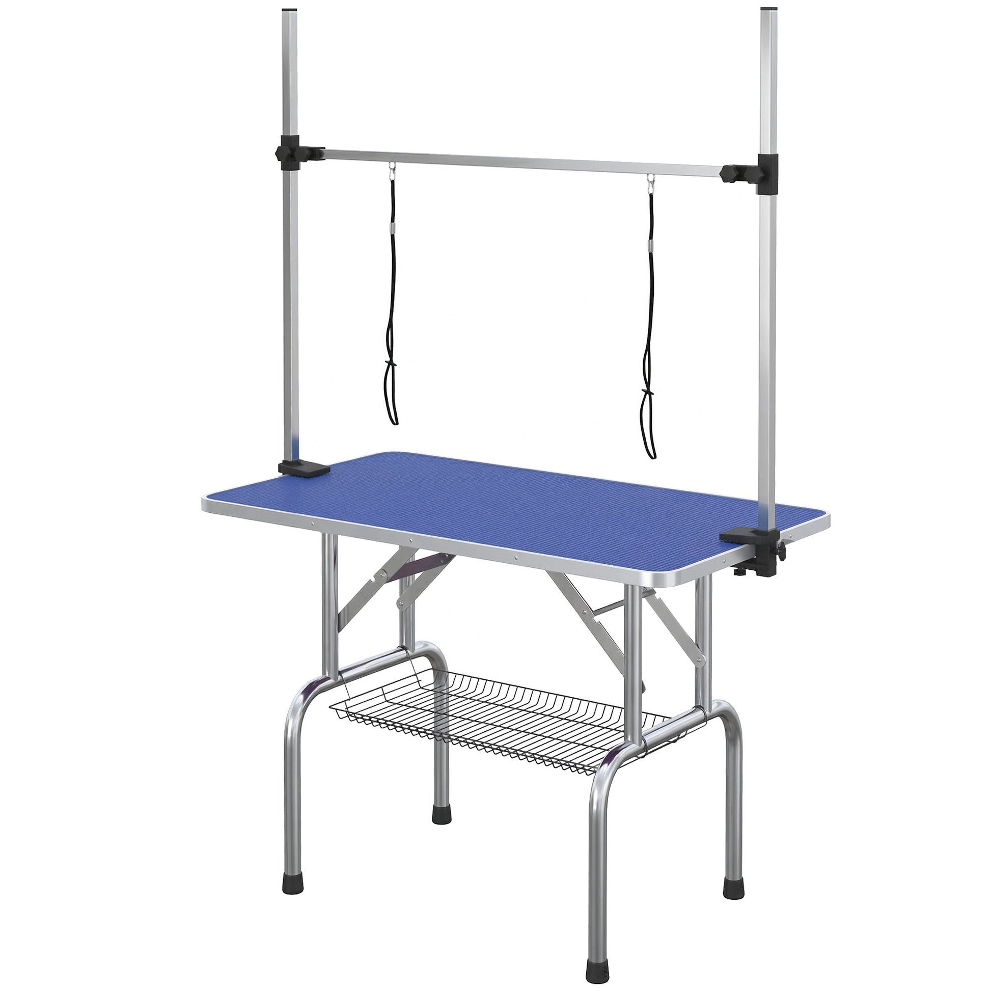 42" Foldable Dog Grooming Table Adjustable Pet Cat Drying Beauty Table Rubber Top with 2 Loops Storage Basket Metal Blue