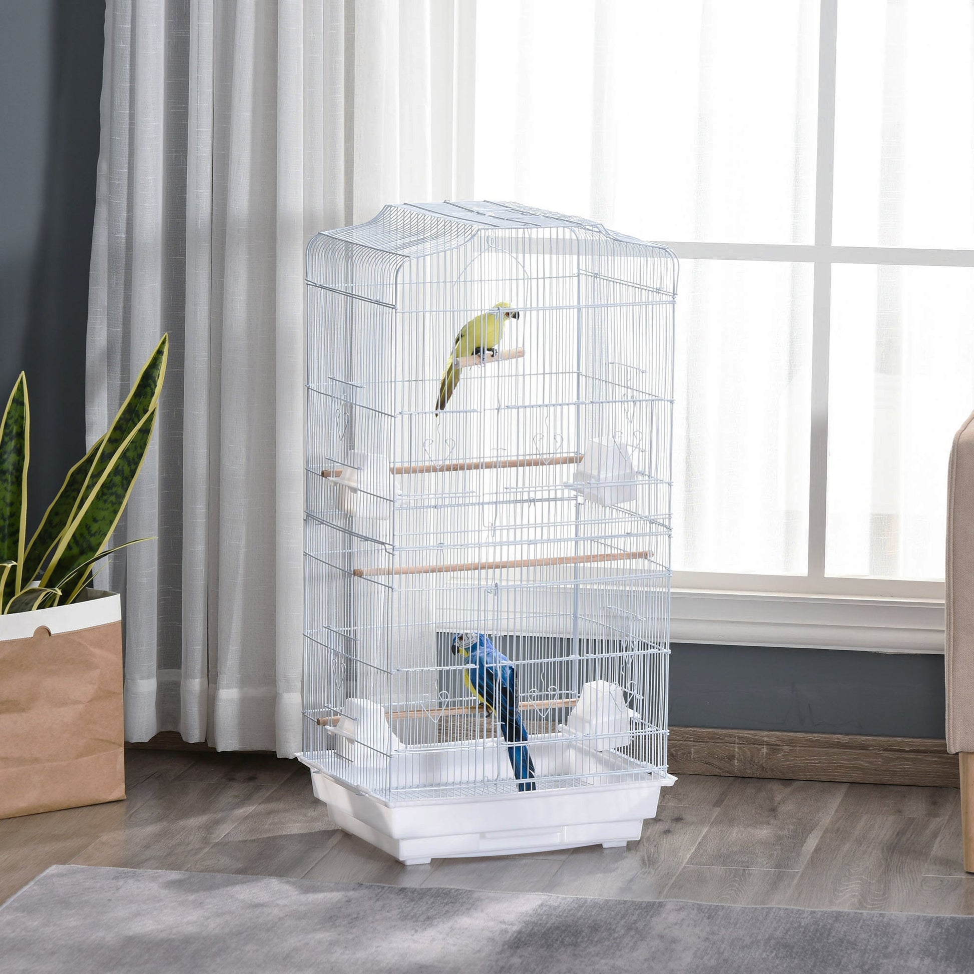 Bird Cage with Perches, Food Bowls, Swing, Parrot Cage for Budgie, Parakeet, Small Bird, 46.5 x 35.5 x 92cm, White