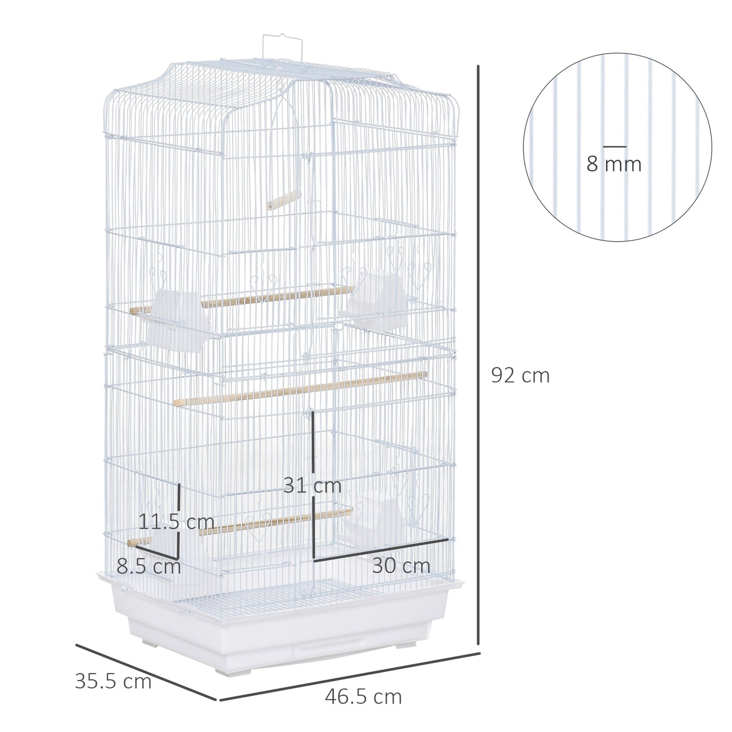Bird Cage with Perches, Food Bowls, Swing, Parrot Cage for Budgie, Parakeet, Small Bird, 46.5 x 35.5 x 92cm, White