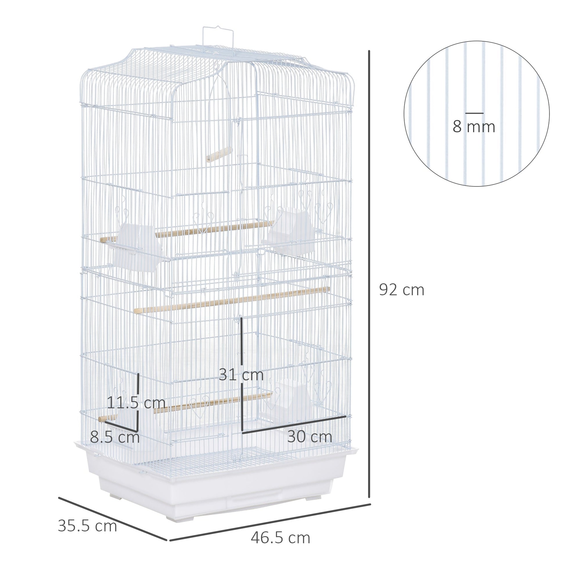 Bird Cage with Perches, Food Bowls, Swing, Parrot Cage for Budgie, Parakeet, Small Bird, 46.5 x 35.5 x 92cm, White