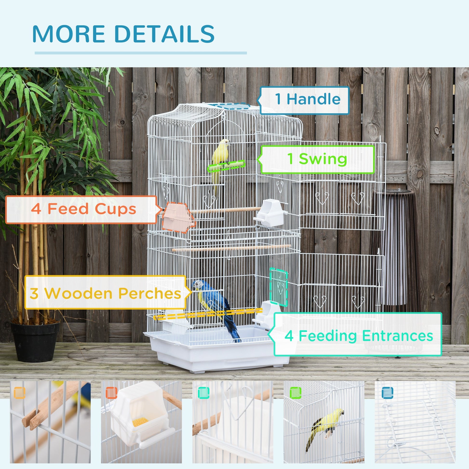 Bird Cage with Perches, Food Bowls, Swing, Parrot Cage for Budgie, Parakeet, Small Bird, 46.5 x 35.5 x 92cm, White