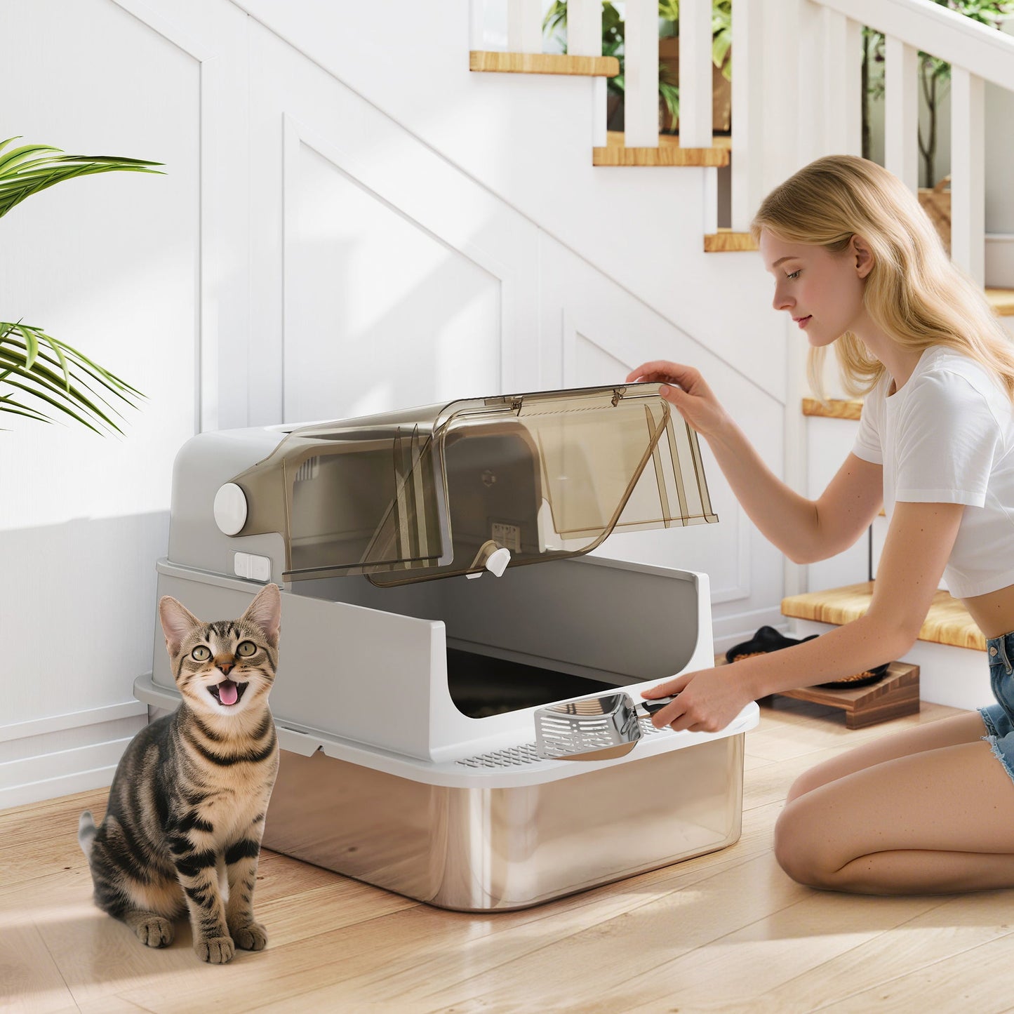 XXL Stainless Steel Cat Litter Tray, Enclosed Cat Litter Box with 90° Flip Cover, Double Doors, Scoop, Easy Clean, Odor Control, Anti-Leaking, Non-Sticky, Grey