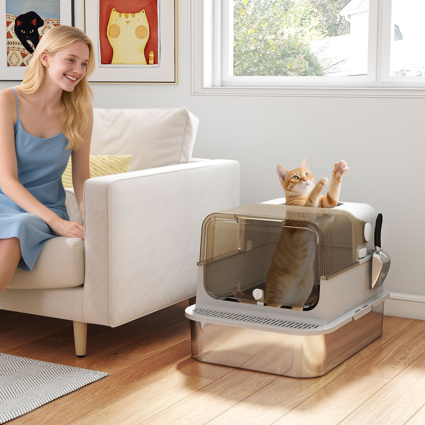 XXL Stainless Steel Cat Litter Tray, Enclosed Cat Litter Box with 90° Flip Cover, Double Doors, Scoop, Easy Clean, Odor Control, Anti-Leaking, Non-Sticky, Grey