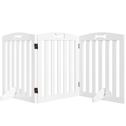Wooden Dog Gate, Freestanding Pet Gate with Support Feet for Doorways, Hallways, Stairs, 3-Panel Pet Fence for Small Medium Dogs, 155L x 61H cm, White