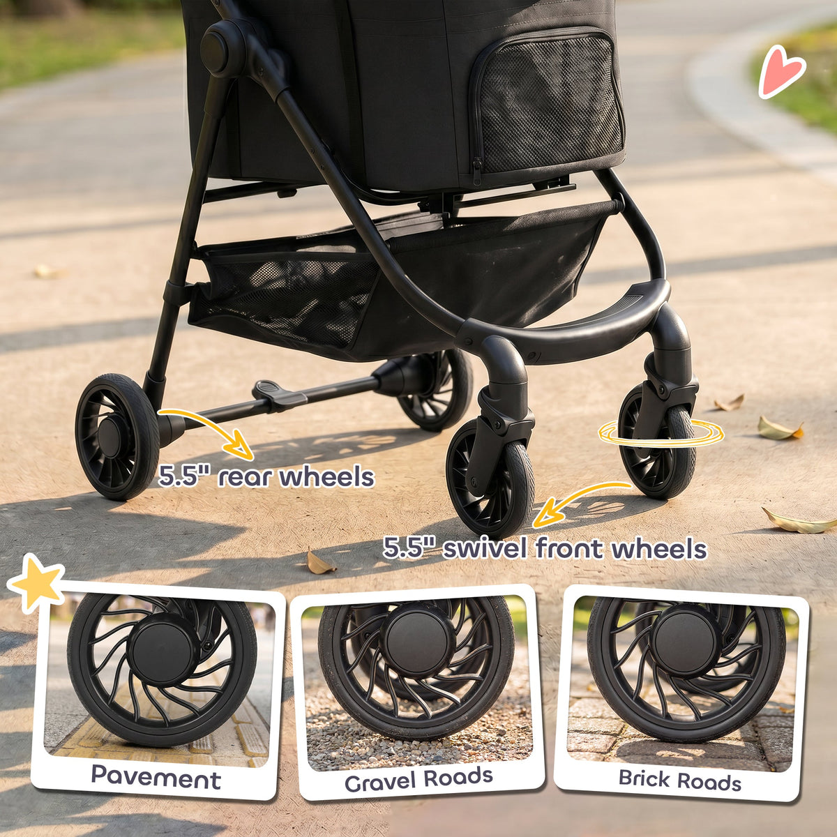 Dog Stroller, 3 in 1 Foldable Pet Stroller for Small Puppy Cat with Detachable Travel Carrier, 4 Wheels Dog Pram with Storage Basket, Seat Leashes, Mesh Window, Black