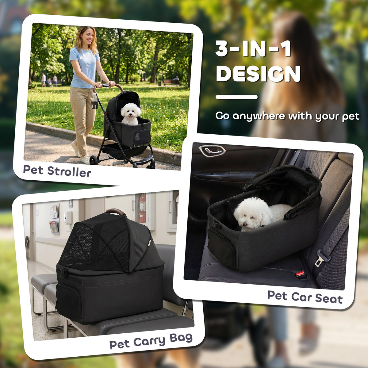 Dog Stroller, 3 in 1 Foldable Pet Stroller for Small Puppy Cat with Detachable Travel Carrier, 4 Wheels Dog Pram with Storage Basket, Seat Leashes, Mesh Window, Black