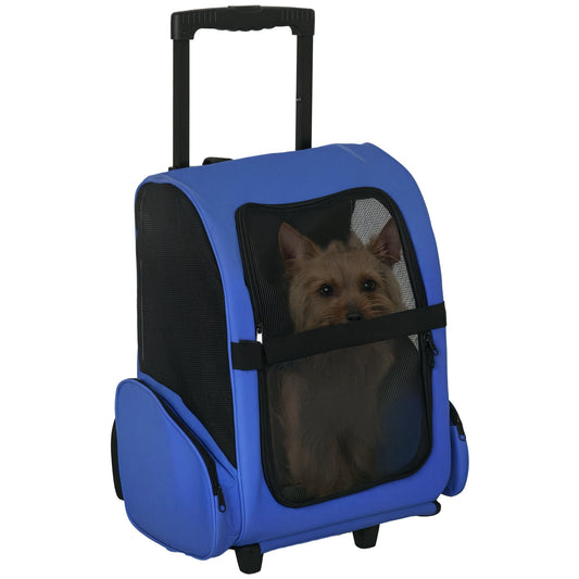 Pet Travel Backpack Bag Cat Puppy Dog Carrier w/ Trolley and Telescopic Handle Portable Stroller Wheel Luggage Bag (Blue)