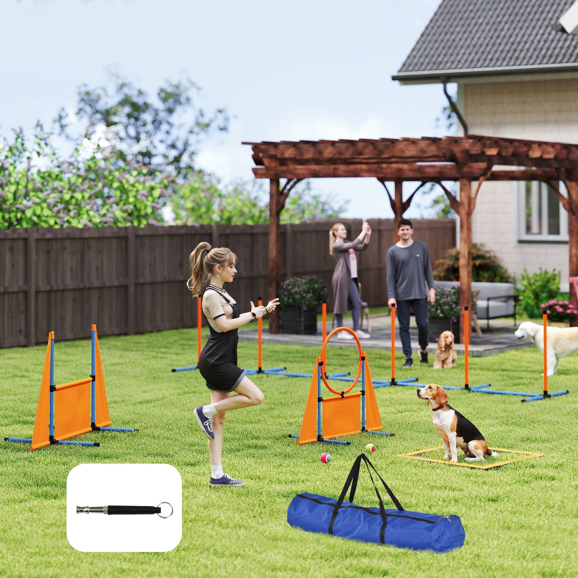 6-Piece Dog Agility Equipment, Pet Agility Training Set with Weave Poles, Jump Ring, Hurdle, Pause Box, Obstacle Training Course Kit with Bag, Orange