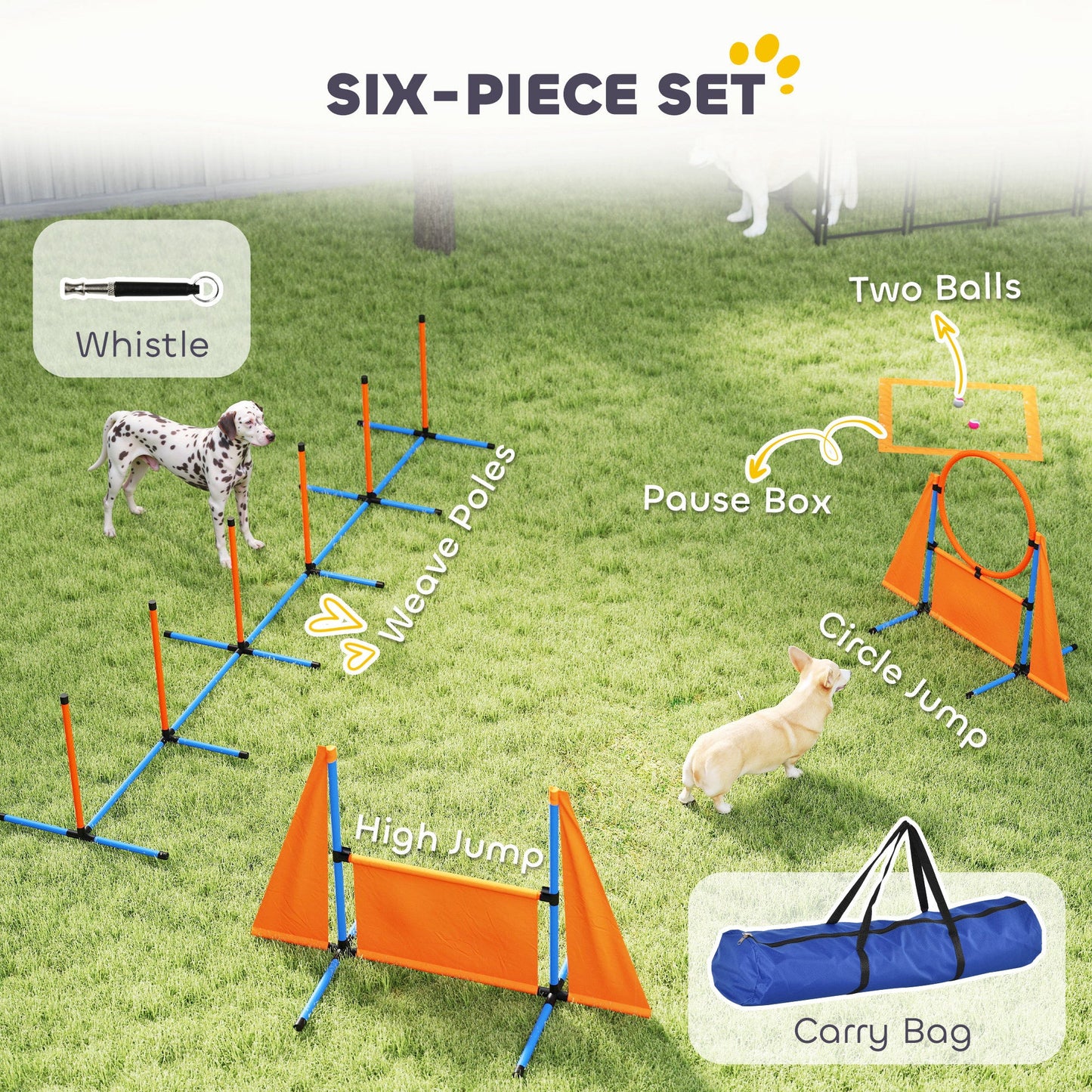 6-Piece Dog Agility Equipment, Pet Agility Training Set with Weave Poles, Jump Ring, Hurdle, Pause Box, Obstacle Training Course Kit with Bag, Orange