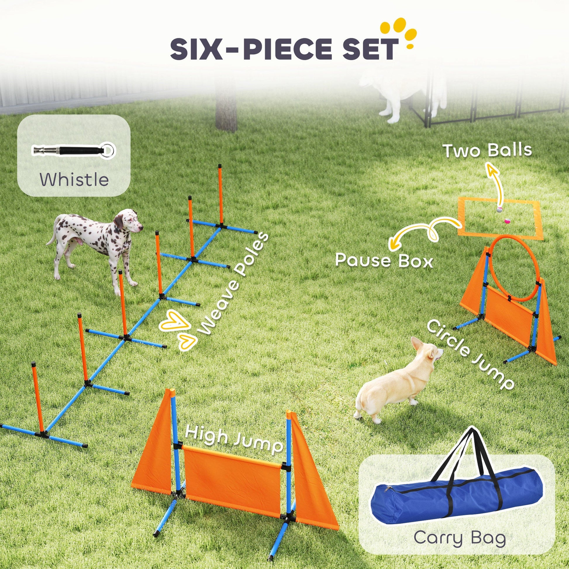 6-Piece Dog Agility Equipment, Pet Agility Training Set with Weave Poles, Jump Ring, Hurdle, Pause Box, Obstacle Training Course Kit with Bag, Orange