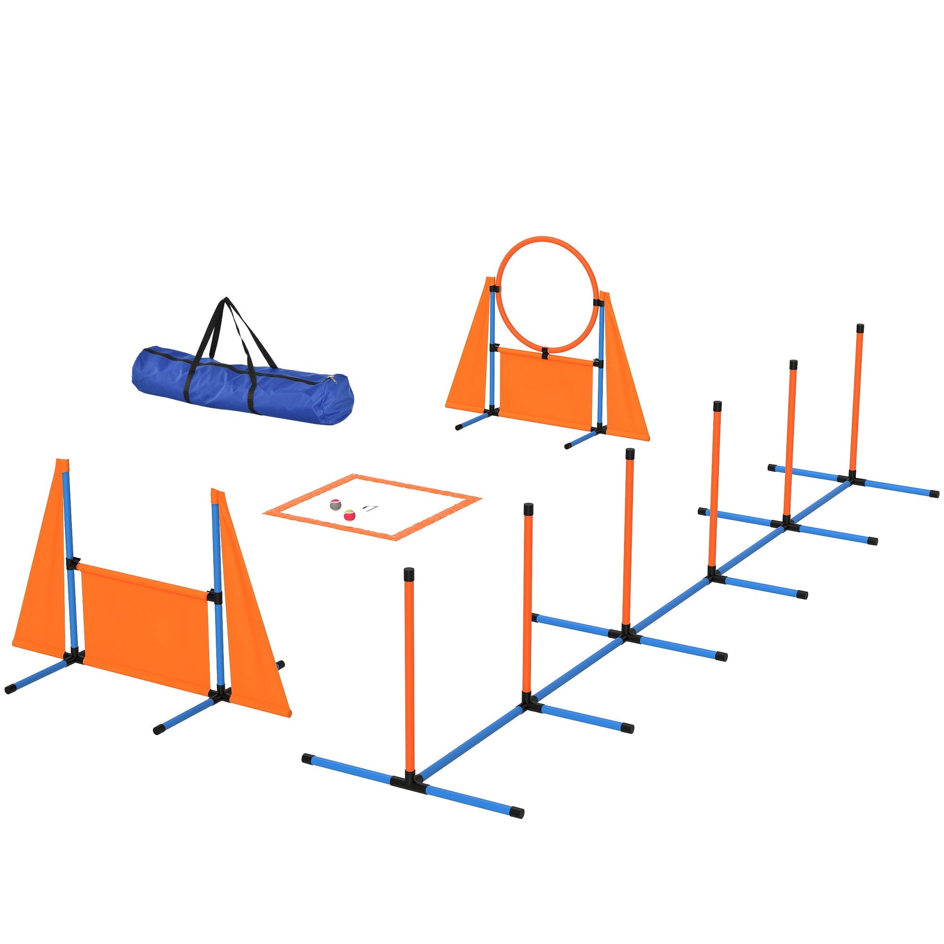 6-Piece Dog Agility Equipment, Pet Agility Training Set with Weave Poles, Jump Ring, Hurdle, Pause Box, Obstacle Training Course Kit with Bag, Orange