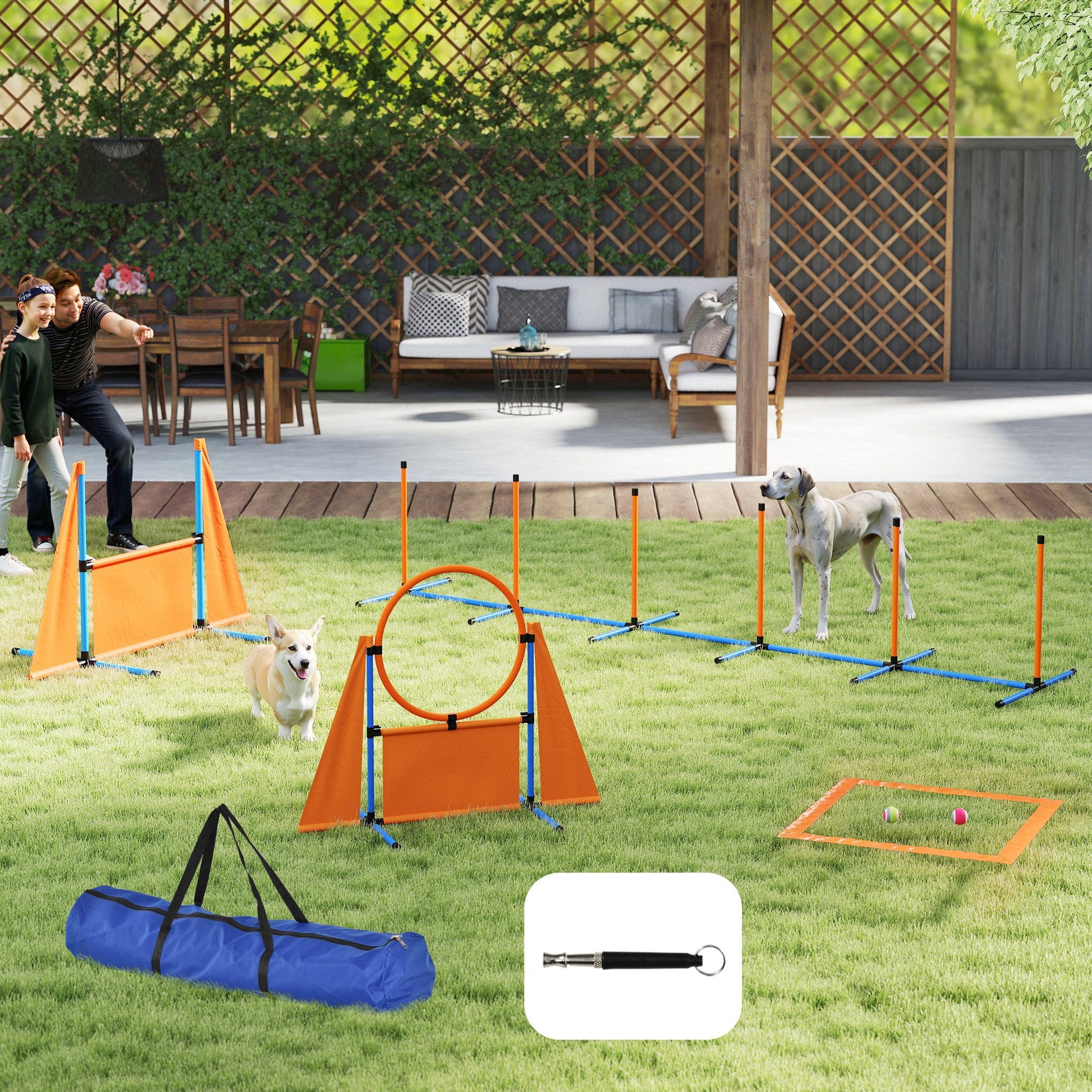 6-Piece Dog Agility Equipment, Pet Agility Training Set with Weave Poles, Jump Ring, Hurdle, Pause Box, Obstacle Training Course Kit with Bag, Orange