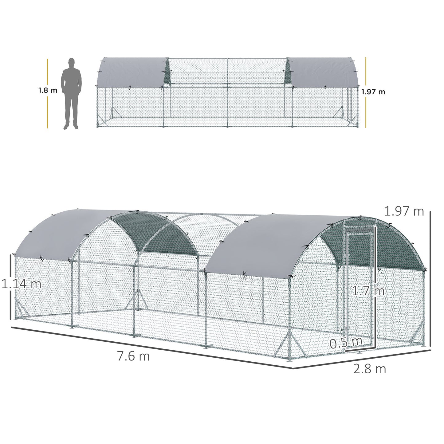 Walk In Chicken Run Galvanised Chicken Coop Hen Poultry House Cage Pet Playpen Garden with Two Water-Resist Covers, 7.6 x 2.8 x 2m