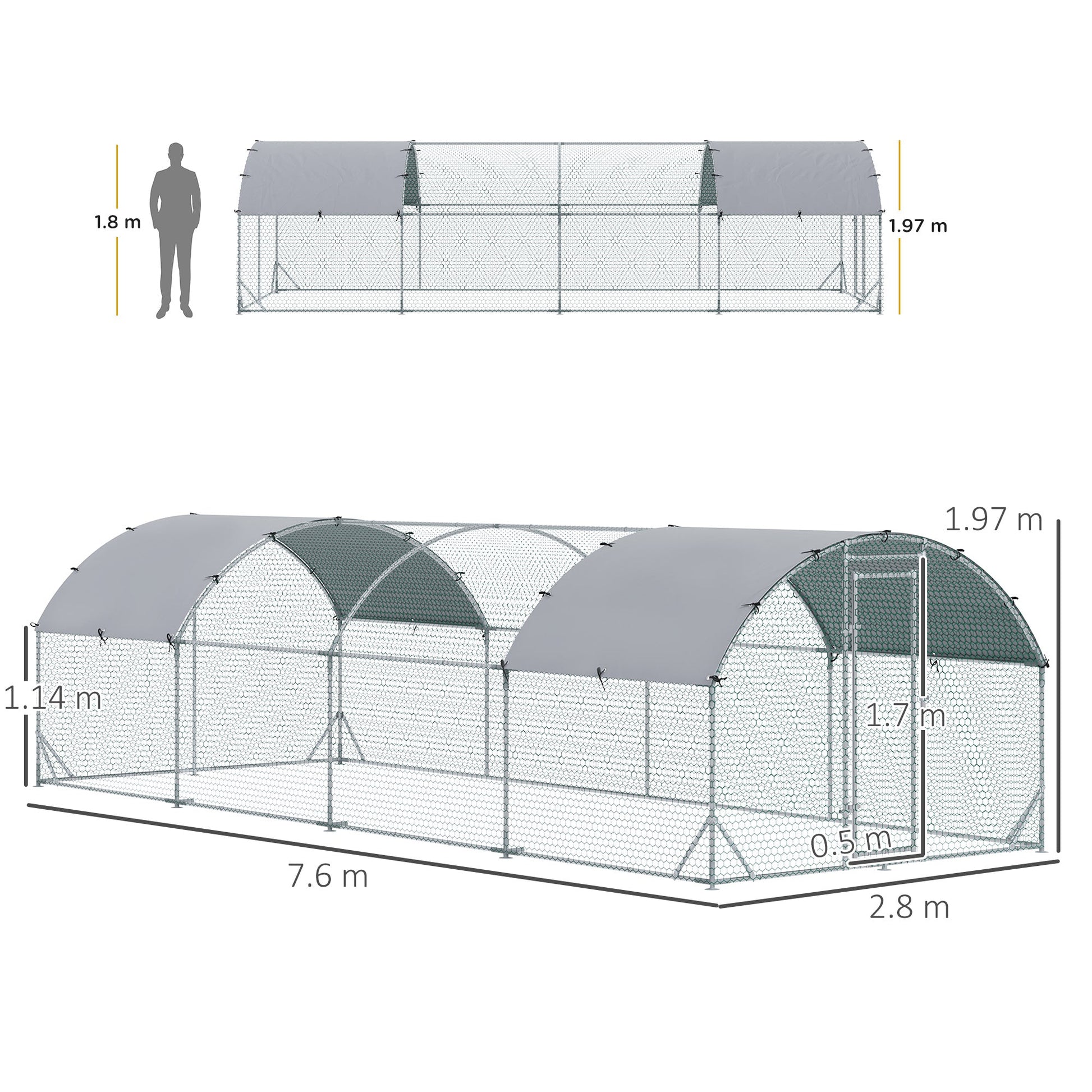 Walk In Chicken Run Galvanised Chicken Coop Hen Poultry House Cage Pet Playpen Garden with Two Water-Resist Covers, 7.6 x 2.8 x 2m