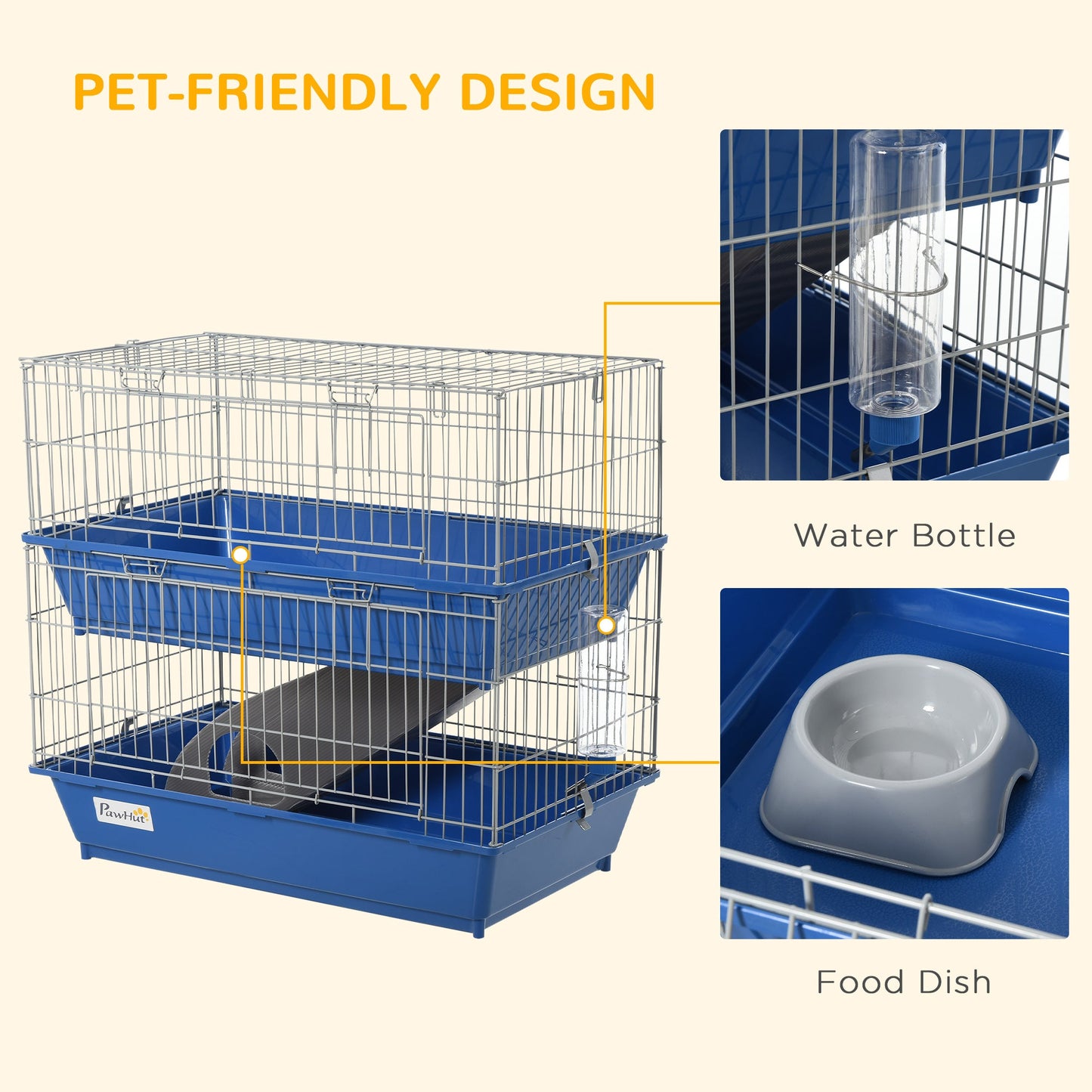 Double Tier Small Animal Cage Rabbit Chinchillas Cage w/ Ramp Food Dish Water Bottle Deep Trays Pet Home 72 x 44 x 67 cm