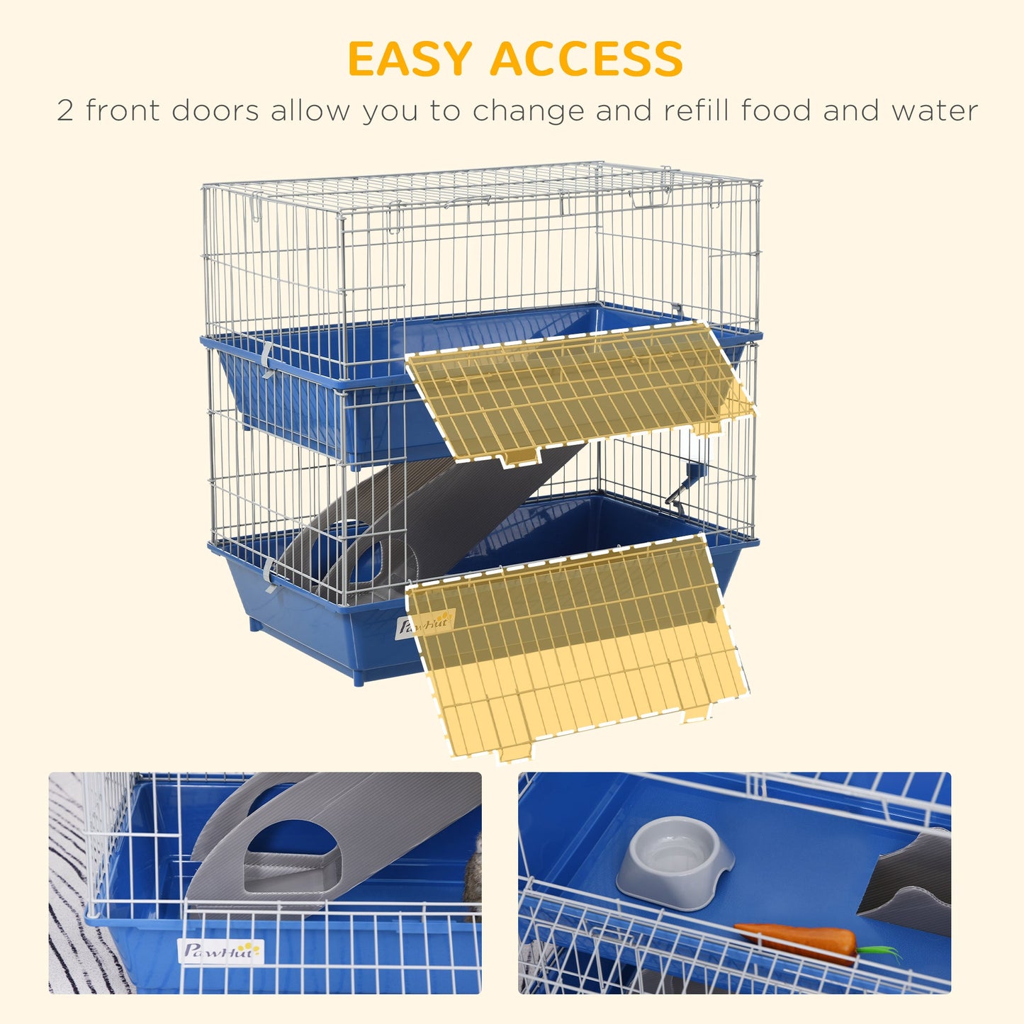 Double Tier Small Animal Cage Rabbit Chinchillas Cage w/ Ramp Food Dish Water Bottle Deep Trays Pet Home 72 x 44 x 67 cm
