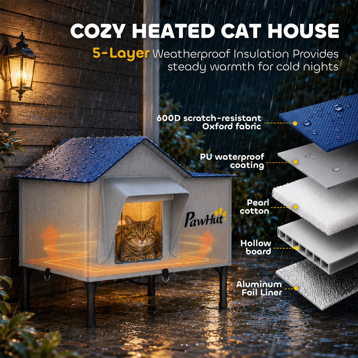 Heated Cat House Weatherproof with Heated Pad for Feral & Stray Cats, Outdoor Cat Shelter with Escape Door, 5 cm Elevated Base, Rainproof Roof