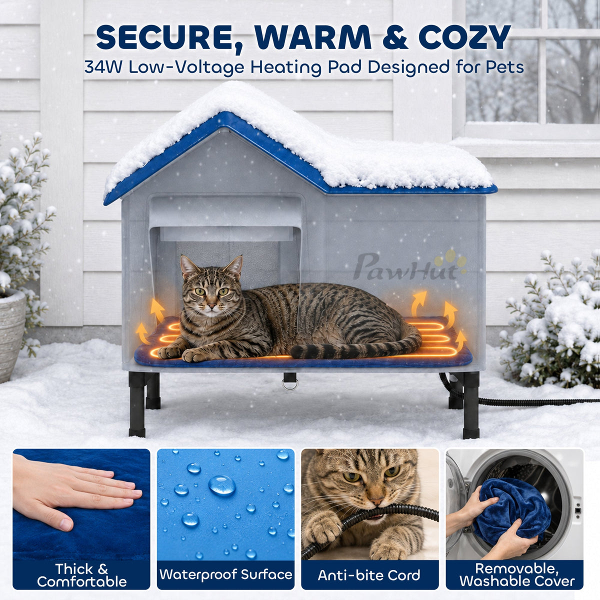 Heated Cat House Weatherproof with Heated Pad for Feral & Stray Cats, Outdoor Cat Shelter with Escape Door, 5 cm Elevated Base, Rainproof Roof
