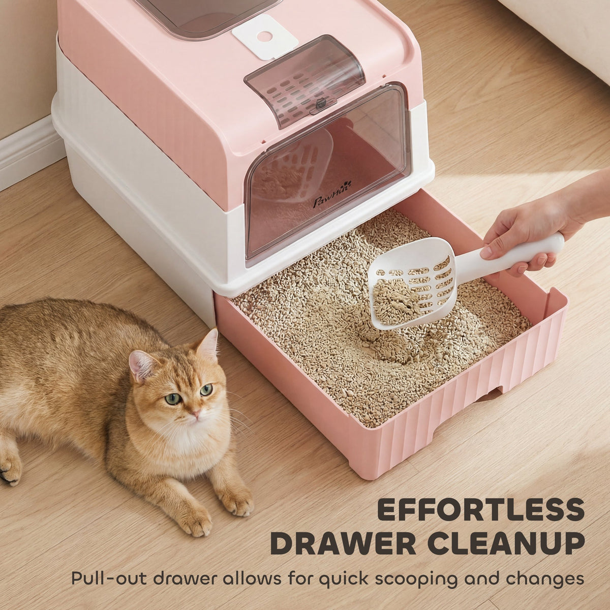 Cat litter Box with Lid, Enclosed Cat Litter Box with Pull-Out Drawer Tray, Scoop, 4 Deodorisation Bags, Front Entry & Top Exit, Privacy, Odour Control and Easy to Clean, Pink