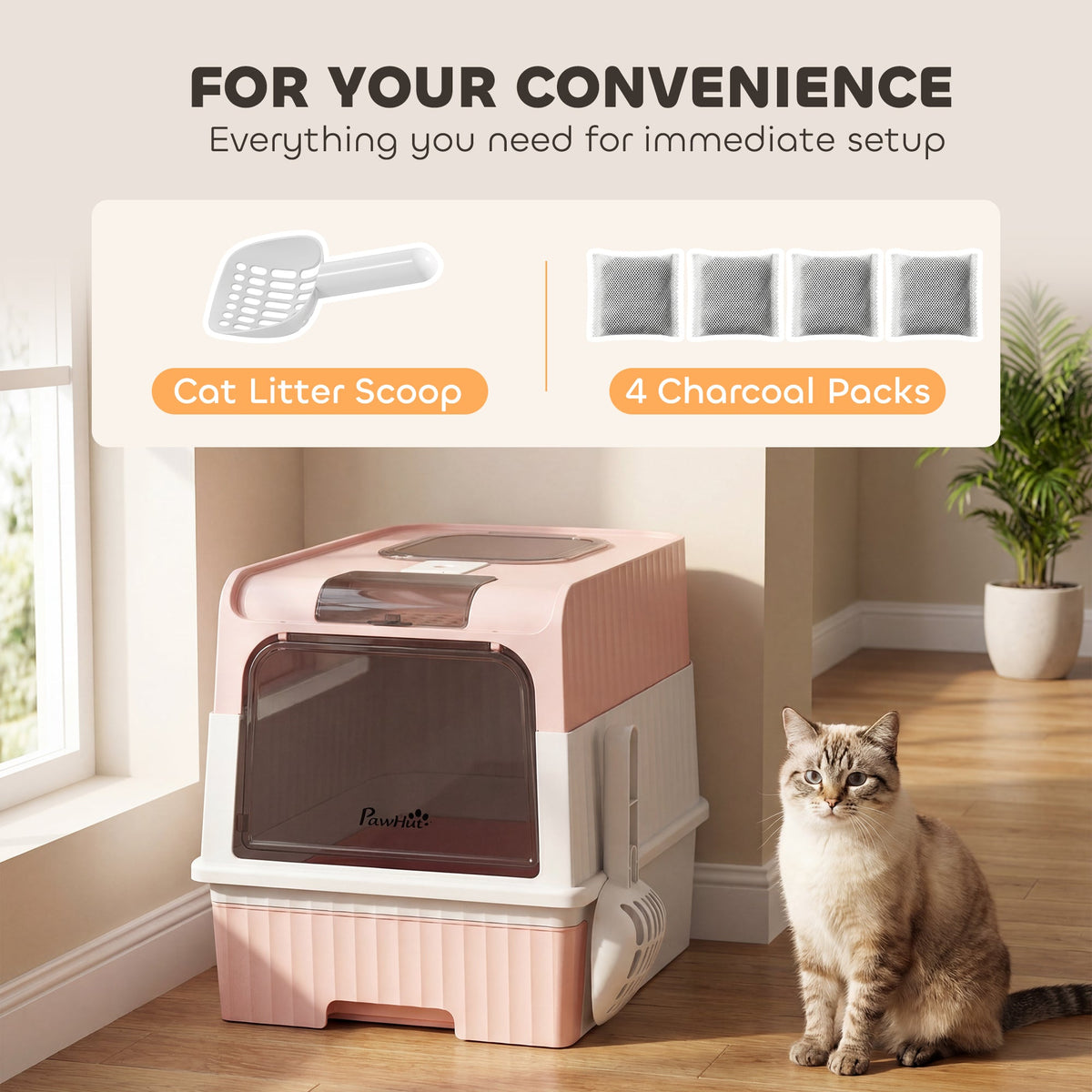 Cat litter Box with Lid, Enclosed Cat Litter Box with Pull-Out Drawer Tray, Scoop, 4 Deodorisation Bags, Front Entry & Top Exit, Privacy, Odour Control and Easy to Clean, Pink