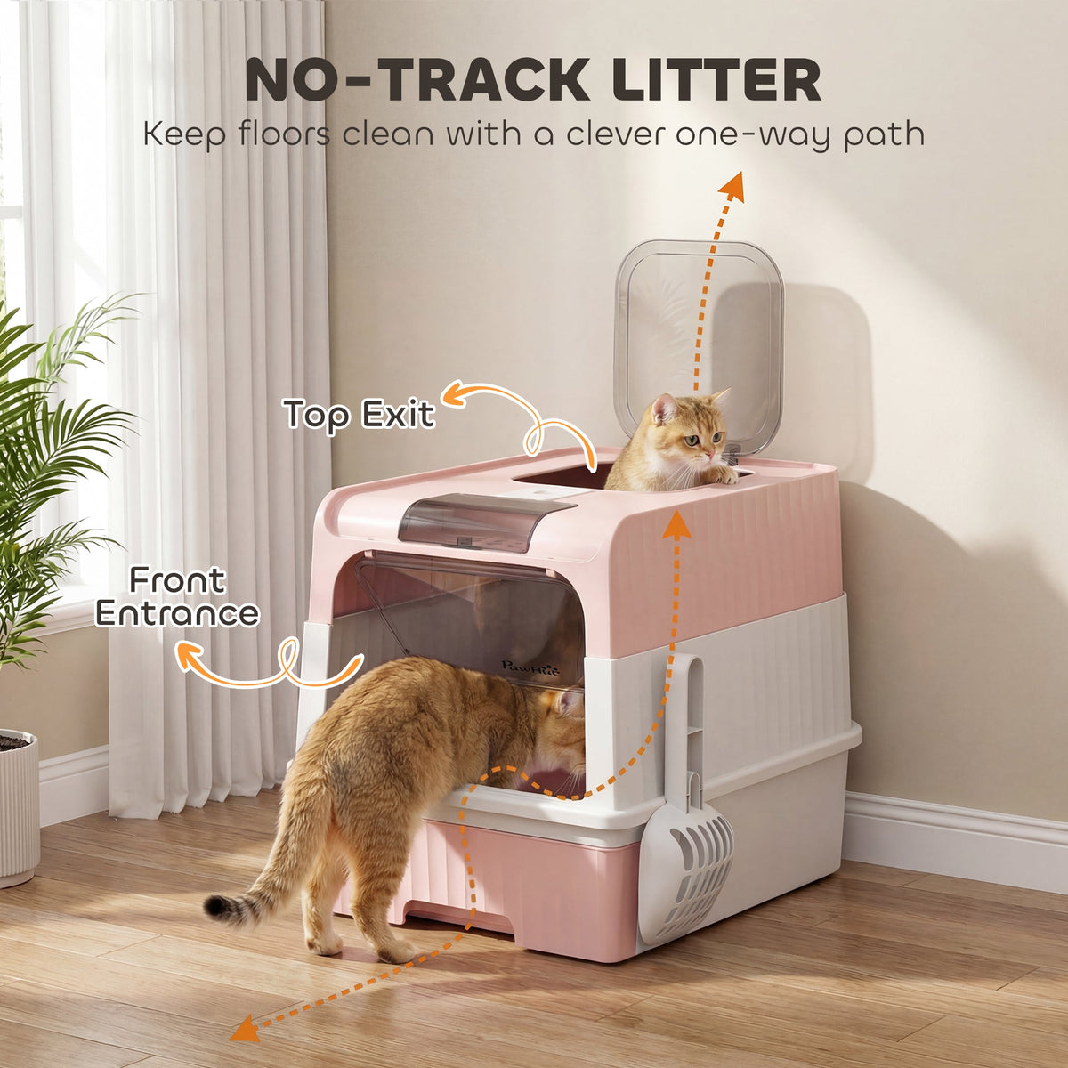 Cat litter Box with Lid, Enclosed Cat Litter Box with Pull-Out Drawer Tray, Scoop, 4 Deodorisation Bags, Front Entry & Top Exit, Privacy, Odour Control and Easy to Clean, Pink