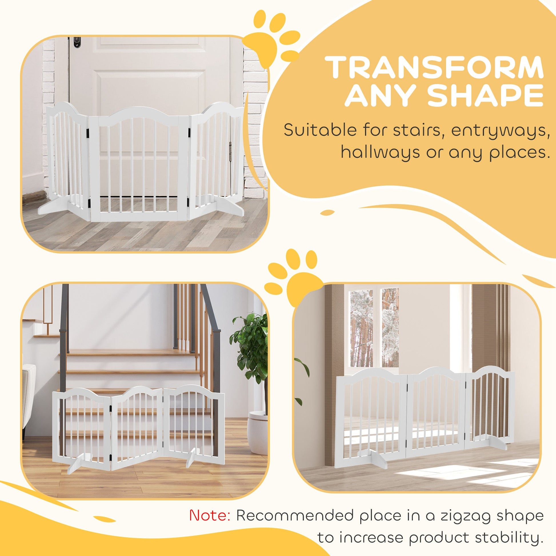 Freestanding Pet Gate Wooden Dog Gate with Support Feet Foldable Pet Fence Safety Barrier for the House Doorway Stairs White