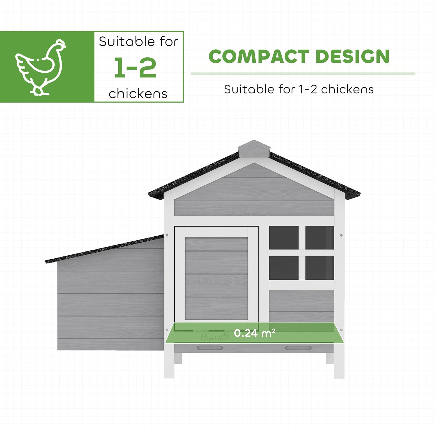 Chicken Coop, Compact Wooden Hen House with Pull-Out Metal Tray, Nesting Box, for 1-2 Chickens