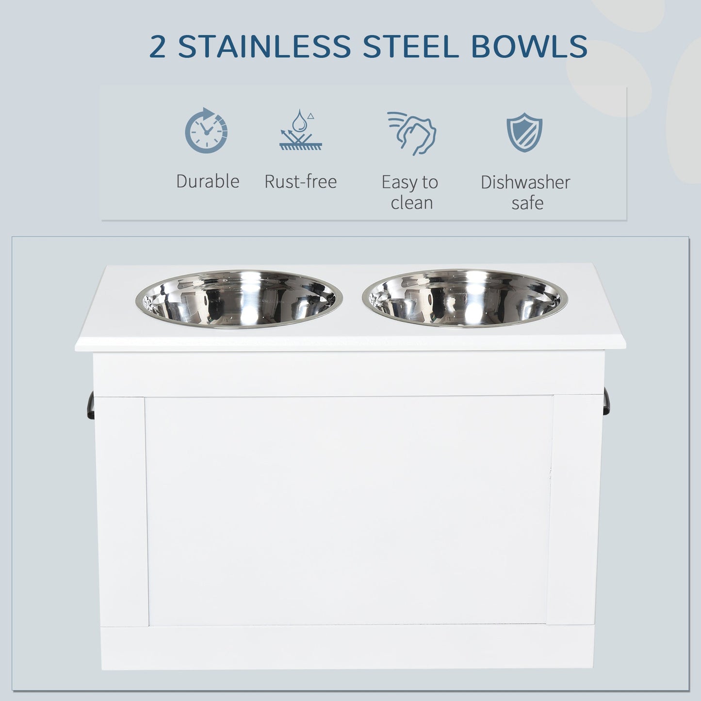 Raised Dog Bowls, Pet Feeding Storage Station with Two Stainless Steel Bowls, Base, for Large Dogs, White