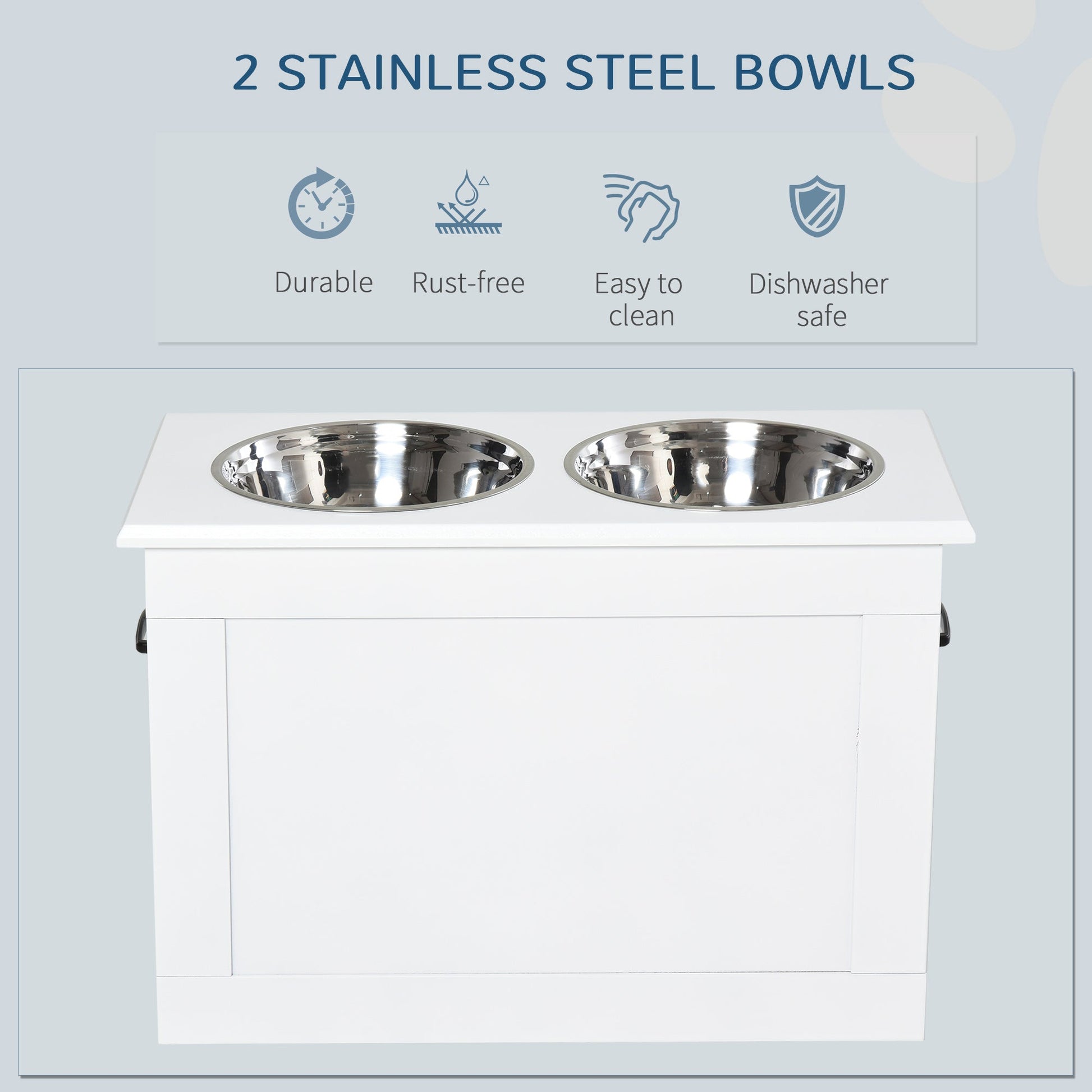 Raised Dog Bowls, Pet Feeding Storage Station with Two Stainless Steel Bowls, Base, for Large Dogs, White