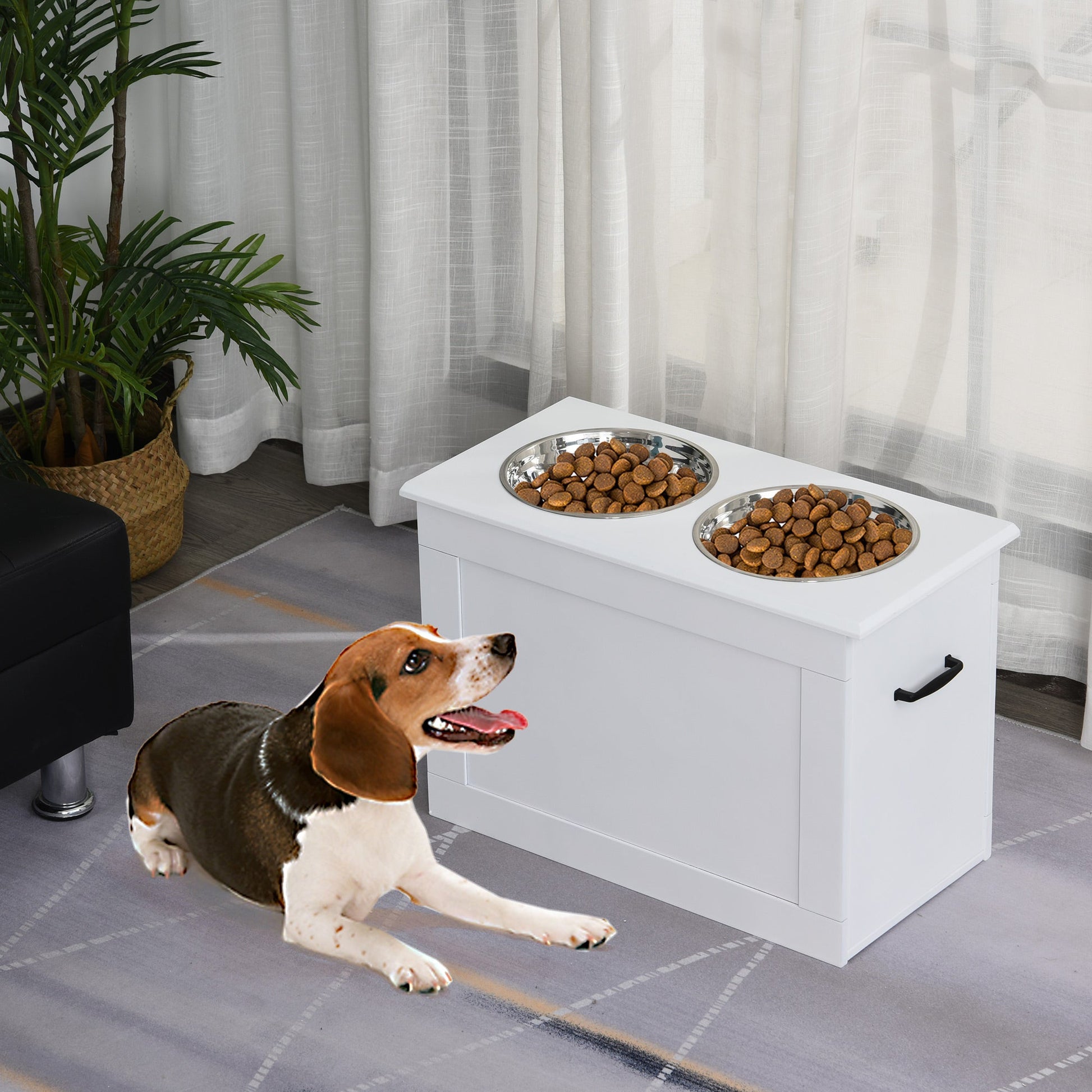 Raised Dog Bowls, Pet Feeding Storage Station with Two Stainless Steel Bowls, Base, for Large Dogs, White