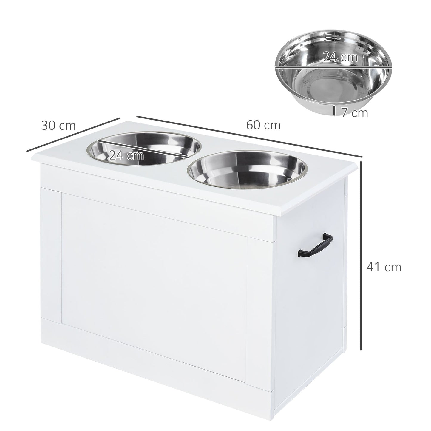 Raised Dog Bowls, Pet Feeding Storage Station with Two Stainless Steel Bowls, Base, for Large Dogs, White