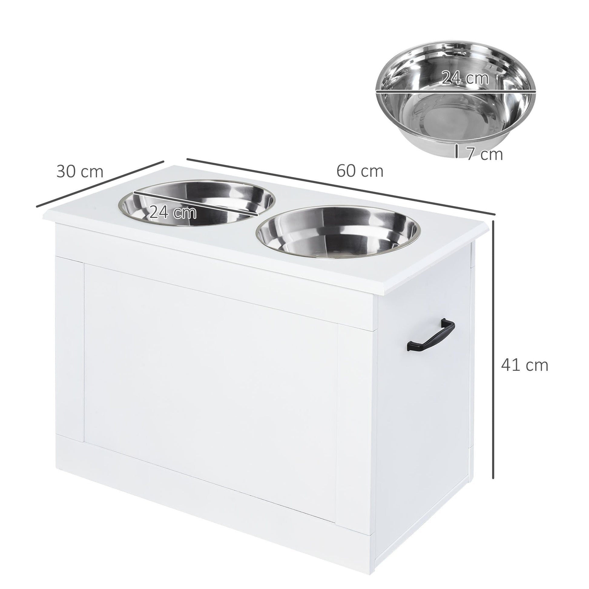 Raised Dog Bowls, Pet Feeding Storage Station with Two Stainless Steel Bowls, Base, for Large Dogs, White