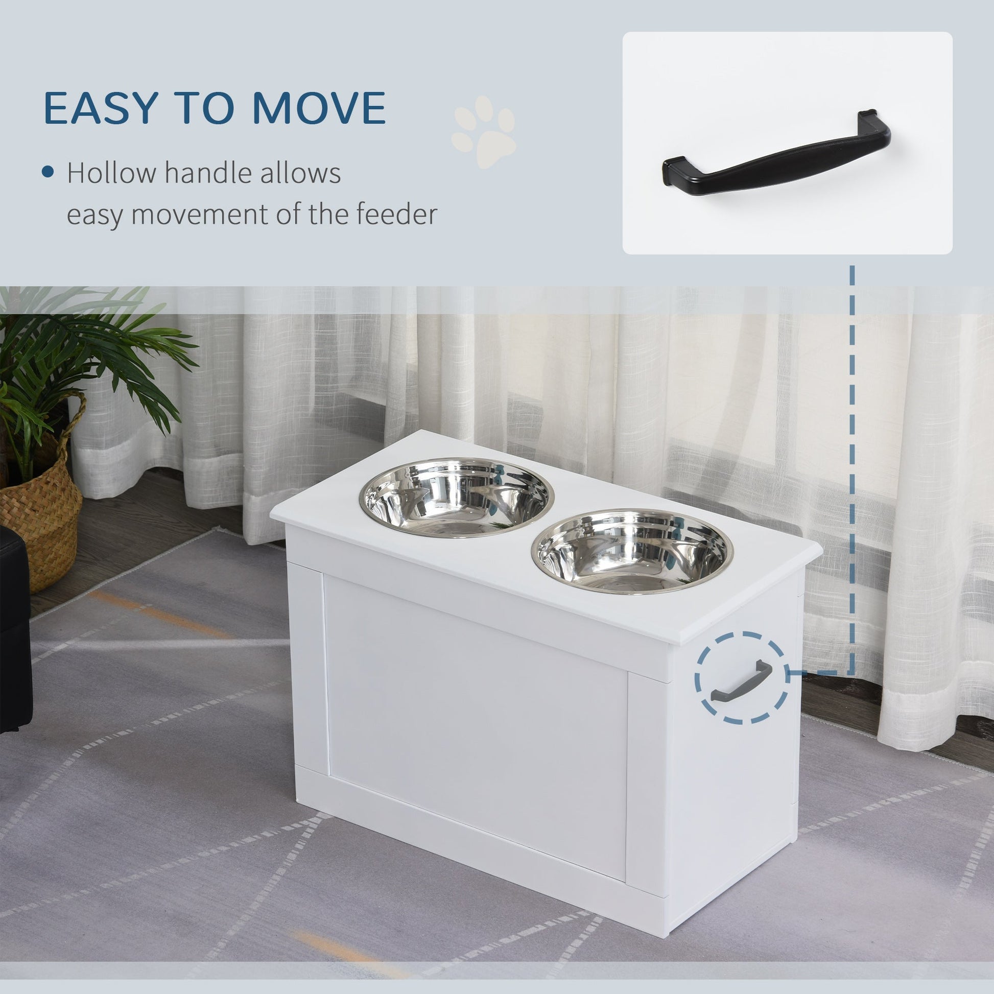 Raised Dog Bowls, Pet Feeding Storage Station with Two Stainless Steel Bowls, Base, for Large Dogs, White