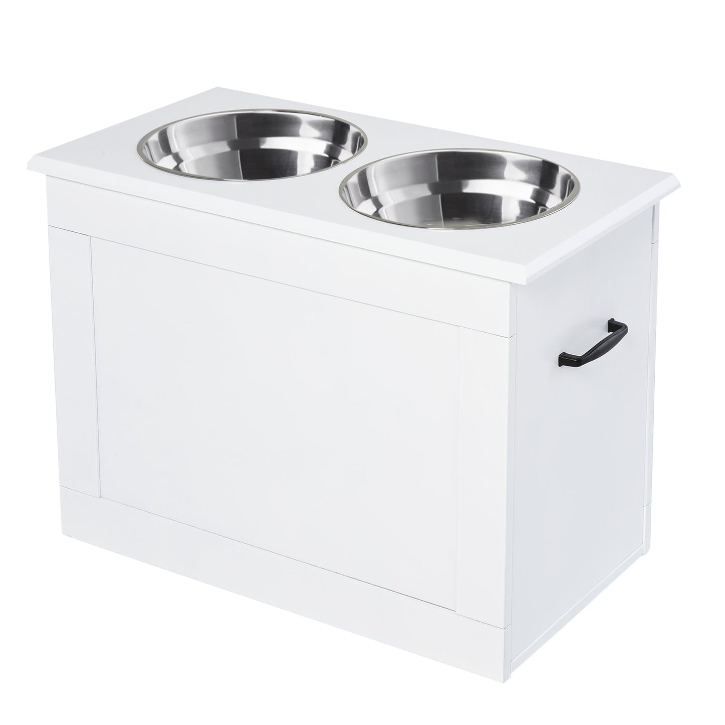 Raised Dog Bowls, Pet Feeding Storage Station with Two Stainless Steel Bowls, Base, for Large Dogs, White