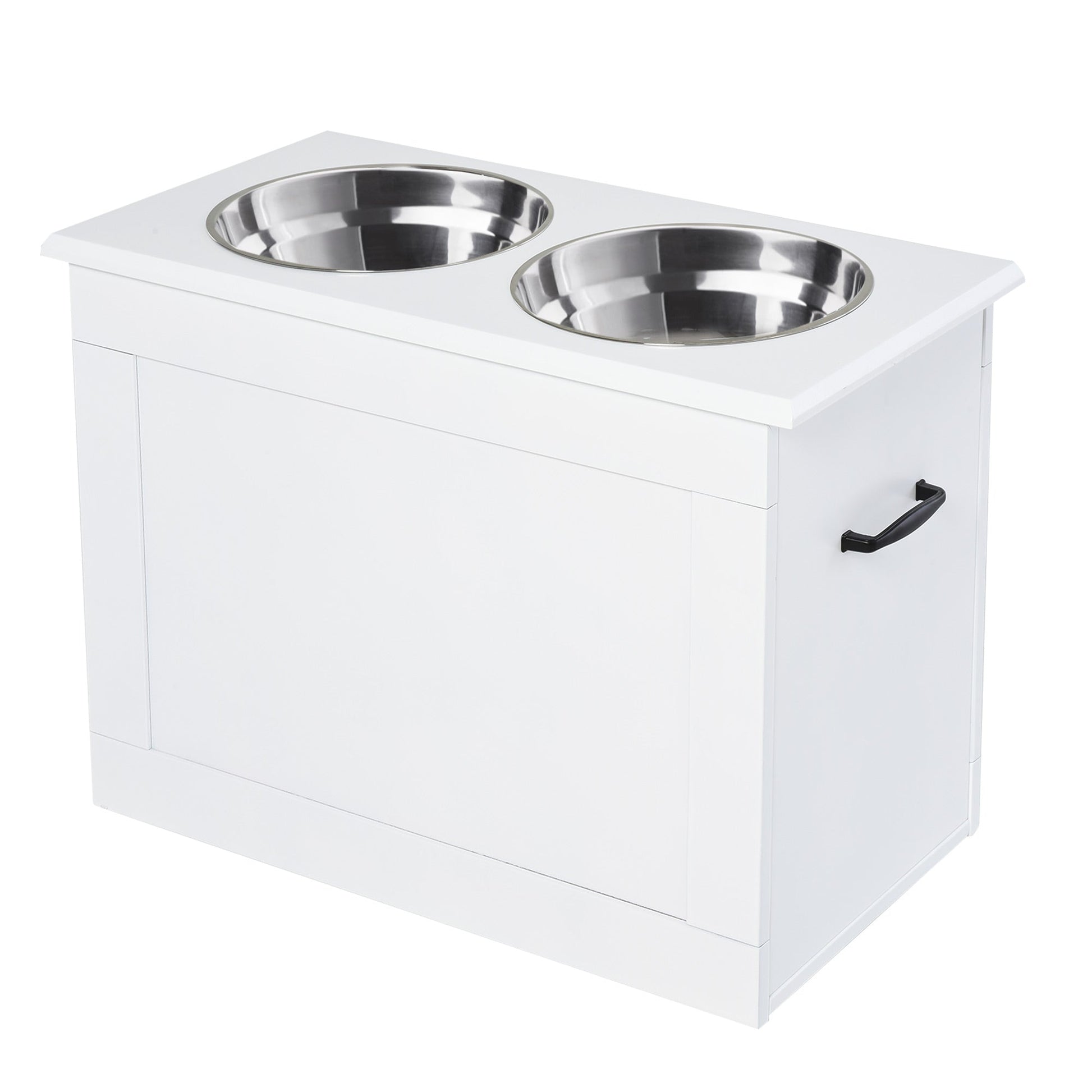 Raised Dog Bowls, Pet Feeding Storage Station with Two Stainless Steel Bowls, Base, for Large Dogs, White