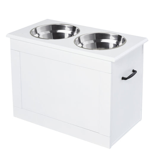 Raised Dog Bowls, Pet Feeding Storage Station with Two Stainless Steel Bowls, Base, for Large Dogs, White