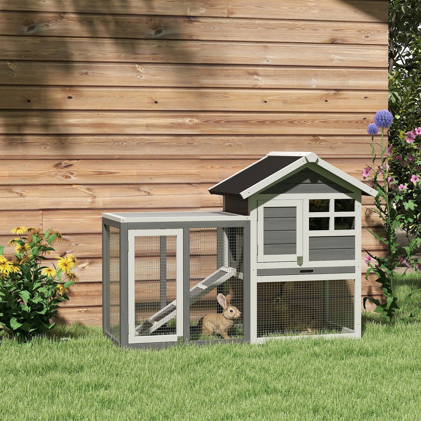 Rabbit Hutch Outdoor Wooden Guinea Pig Hutch Rabbit Run Bunny Cage Small Animal House Pull-Out Tray, Grey, 122 x 62.6 x 92 cm