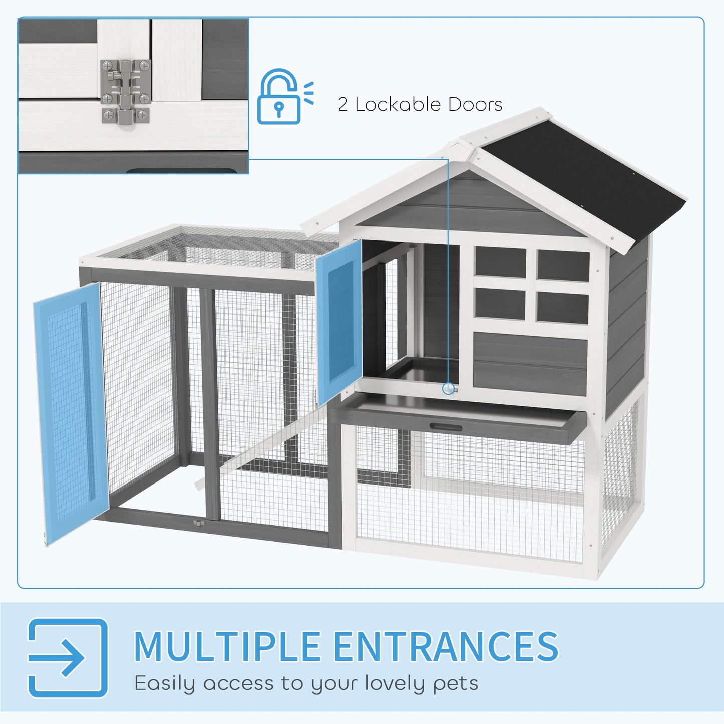 Rabbit Hutch Outdoor Wooden Guinea Pig Hutch Rabbit Run Bunny Cage Small Animal House Pull-Out Tray, Grey, 122 x 62.6 x 92 cm