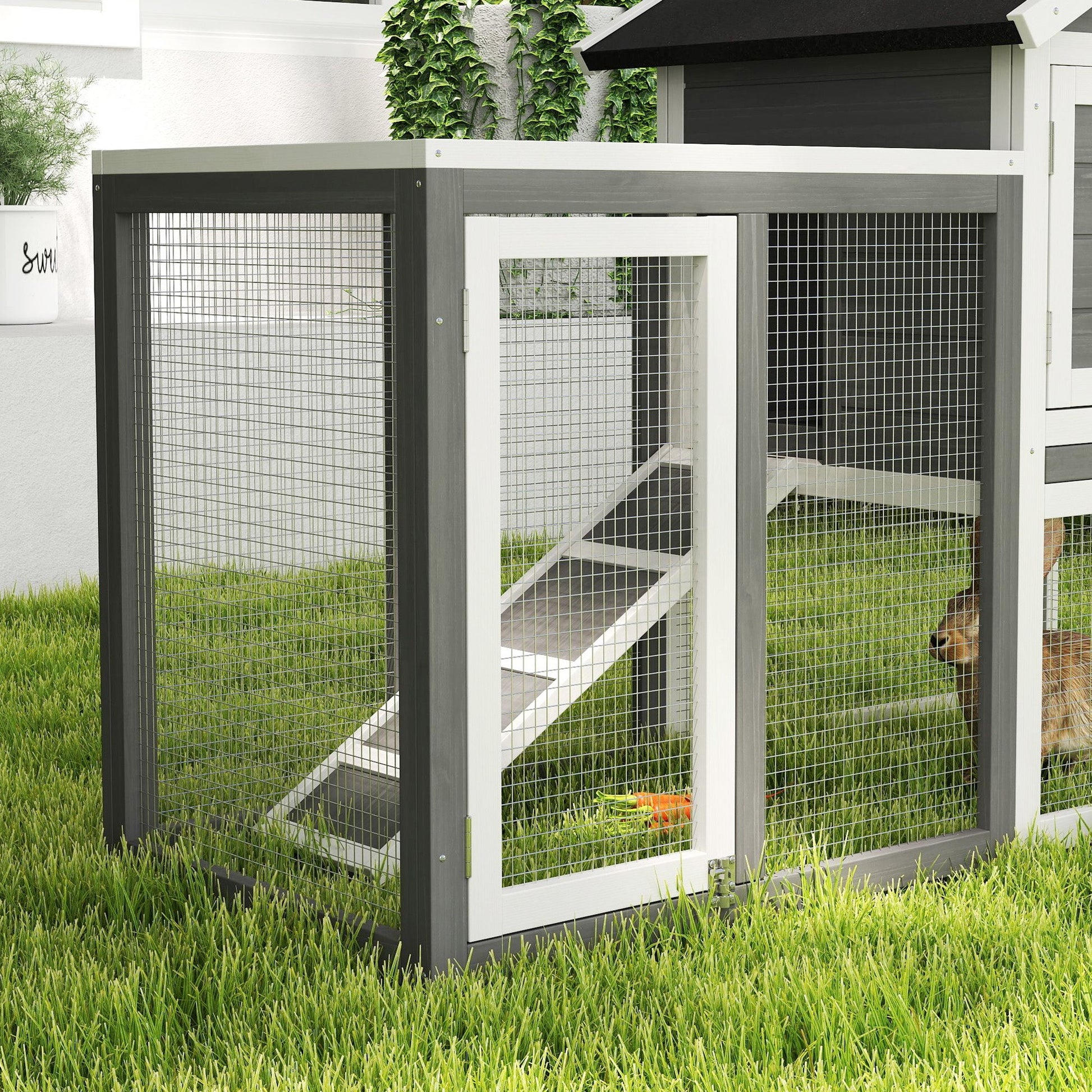 Rabbit Hutch Outdoor Wooden Guinea Pig Hutch Rabbit Run Bunny Cage Small Animal House Pull-Out Tray, Grey, 122 x 62.6 x 92 cm