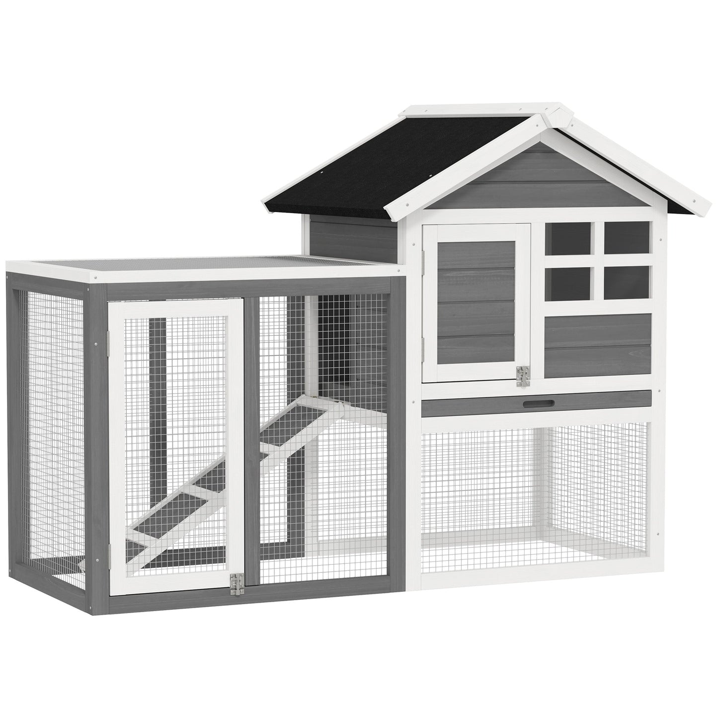 Rabbit Hutch Outdoor Wooden Guinea Pig Hutch Rabbit Run Bunny Cage Small Animal House Pull-Out Tray, Grey, 122 x 62.6 x 92 cm