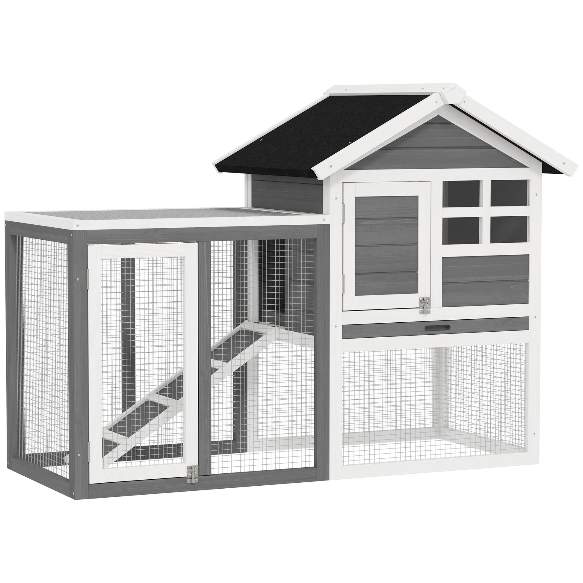 Rabbit Hutch Outdoor Wooden Guinea Pig Hutch Rabbit Run Bunny Cage Small Animal House Pull-Out Tray, Grey, 122 x 62.6 x 92 cm